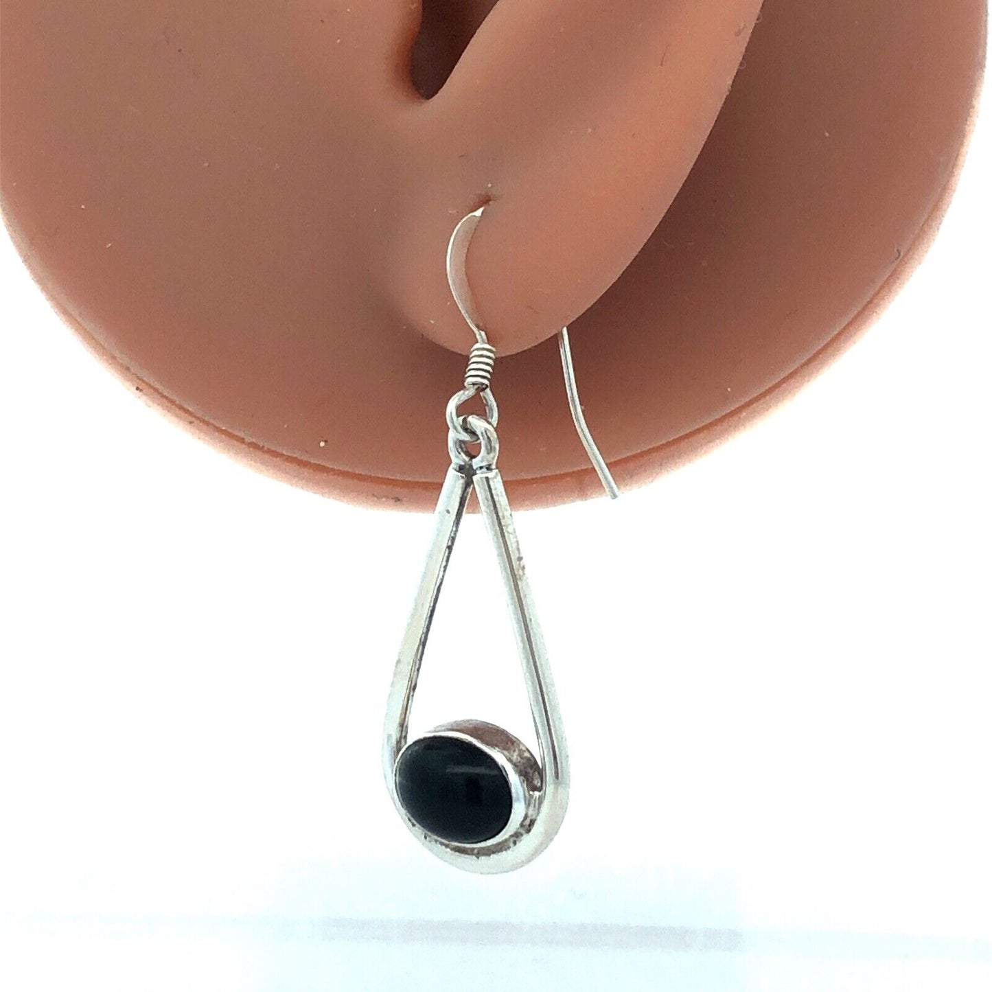Native American RLH 925 Sterling Silver Oval Black Onyx Hook Dangle Earrings