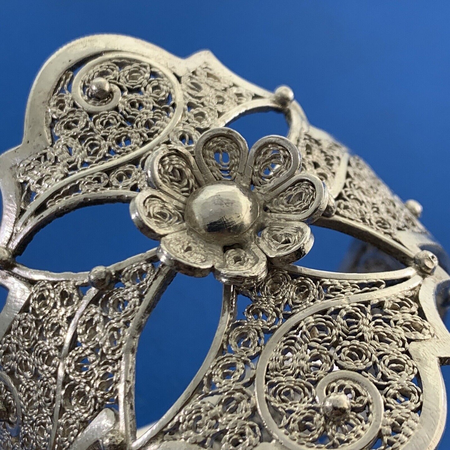 Vintage Artisan Sterling Silver Filigree Scroll Flower Statement Cuff Bracelet