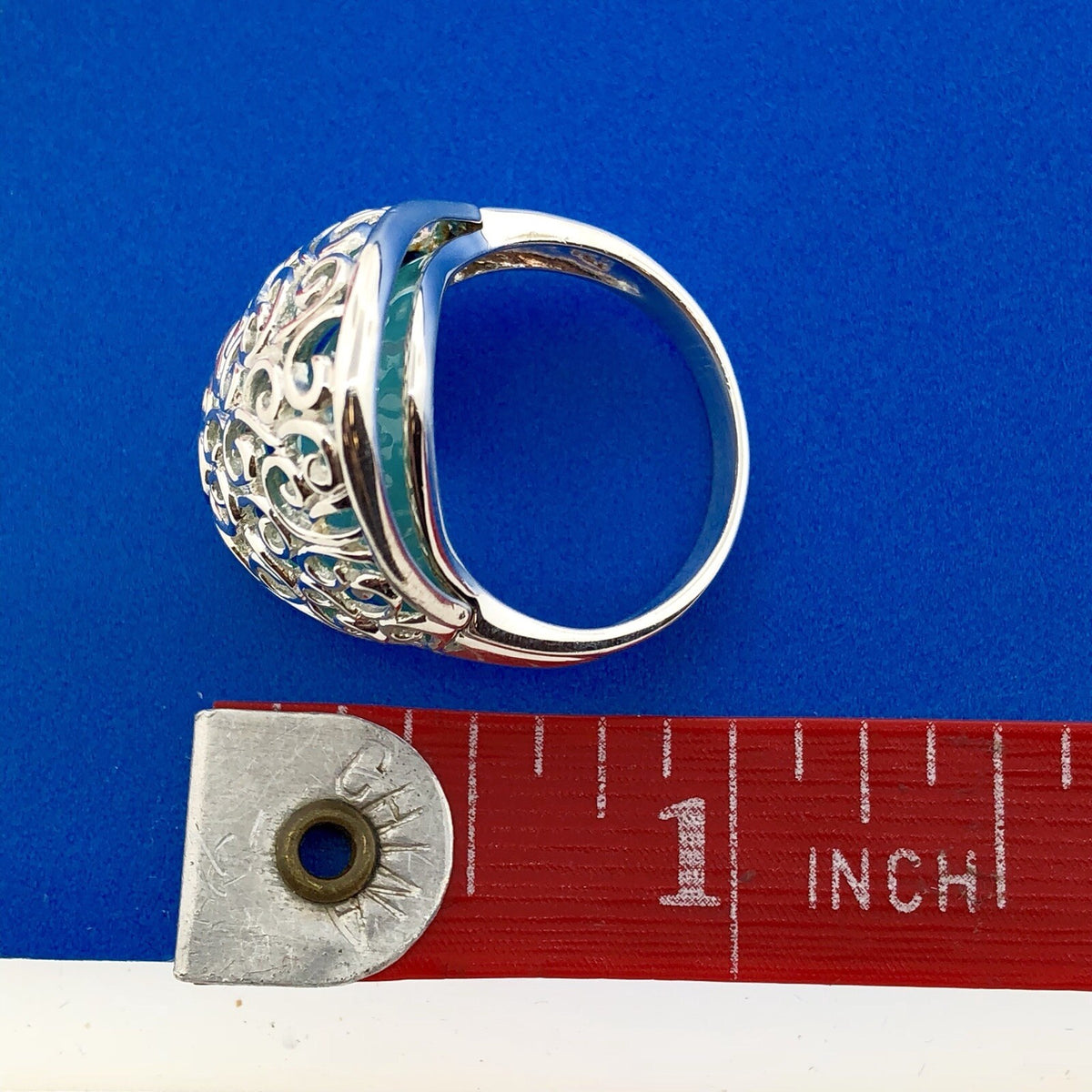 Designer 925 Sterling Silver Aqua Enamel Swirl Scroll Open Work Statement Ring