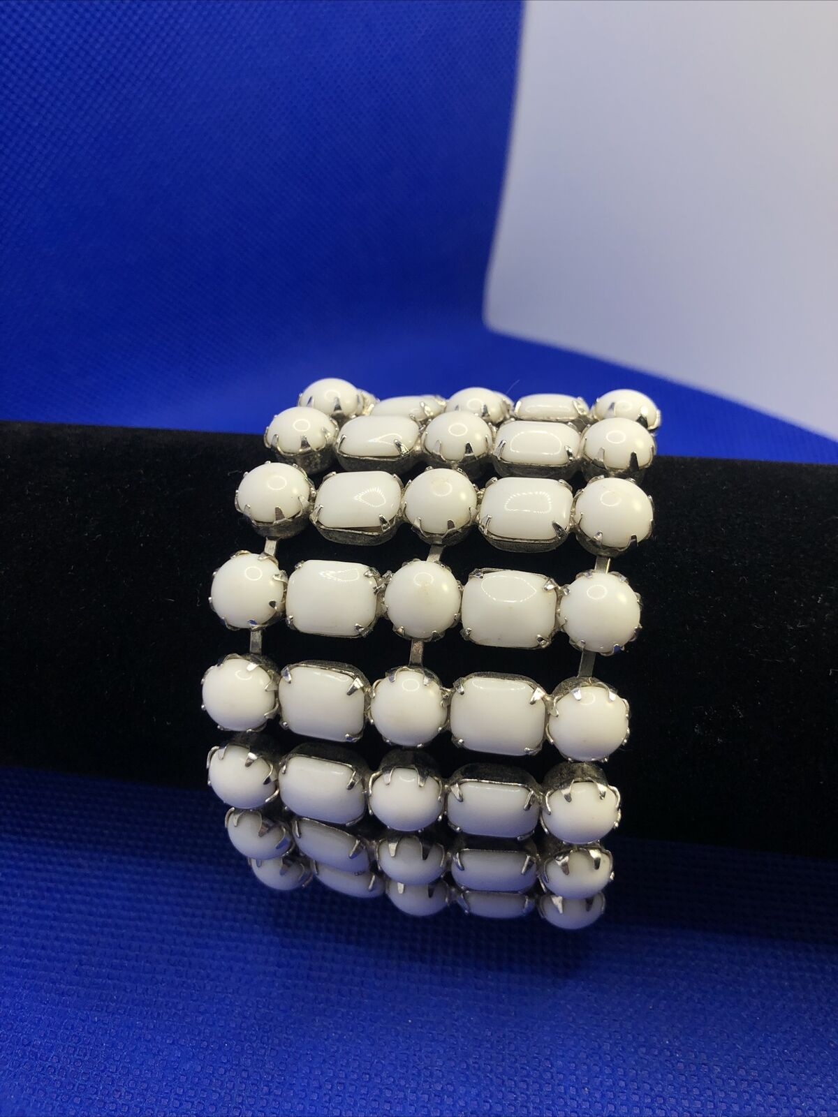 Weiss Runway Couture White Milk Glass Five Row Statement Cuff Bracelet