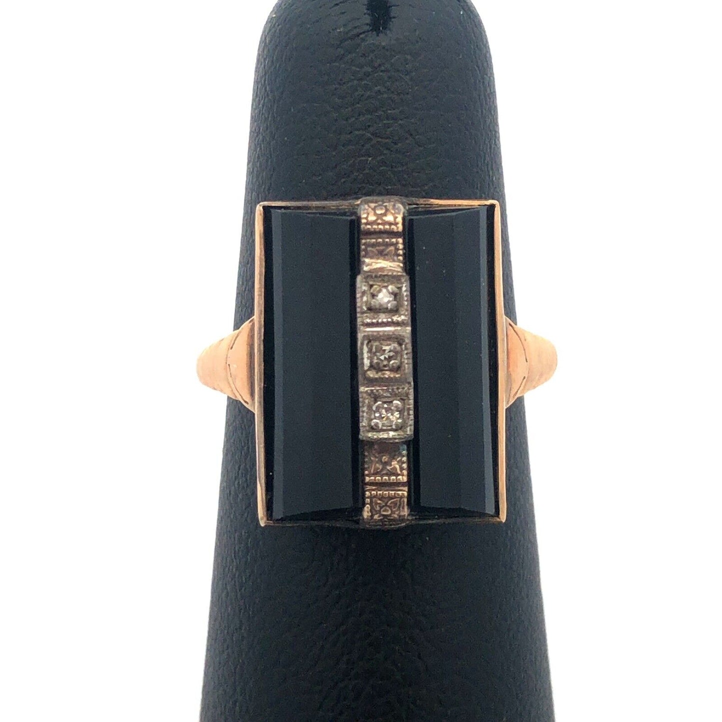 Art Nouveau Art Deco 10K Yellow Gold Diamond Black Onyx Statement Cocktail Ring