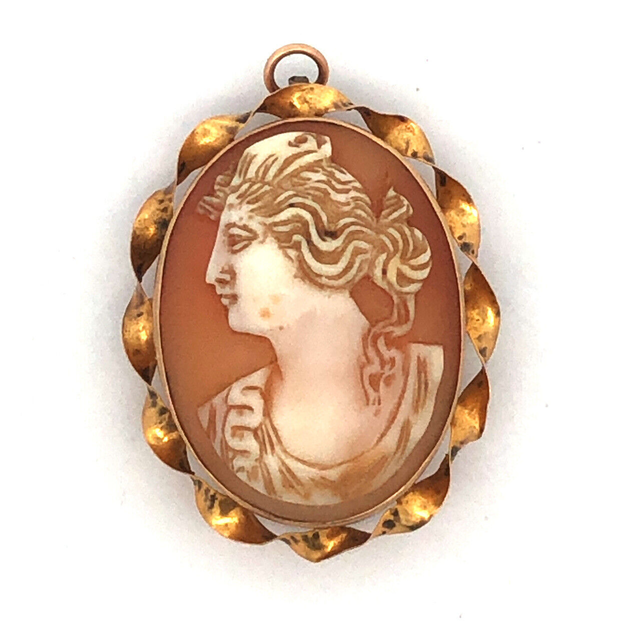 10K Yellow Gold Vintage Oval Carved Shell Cameo Pendant Pin Brooch