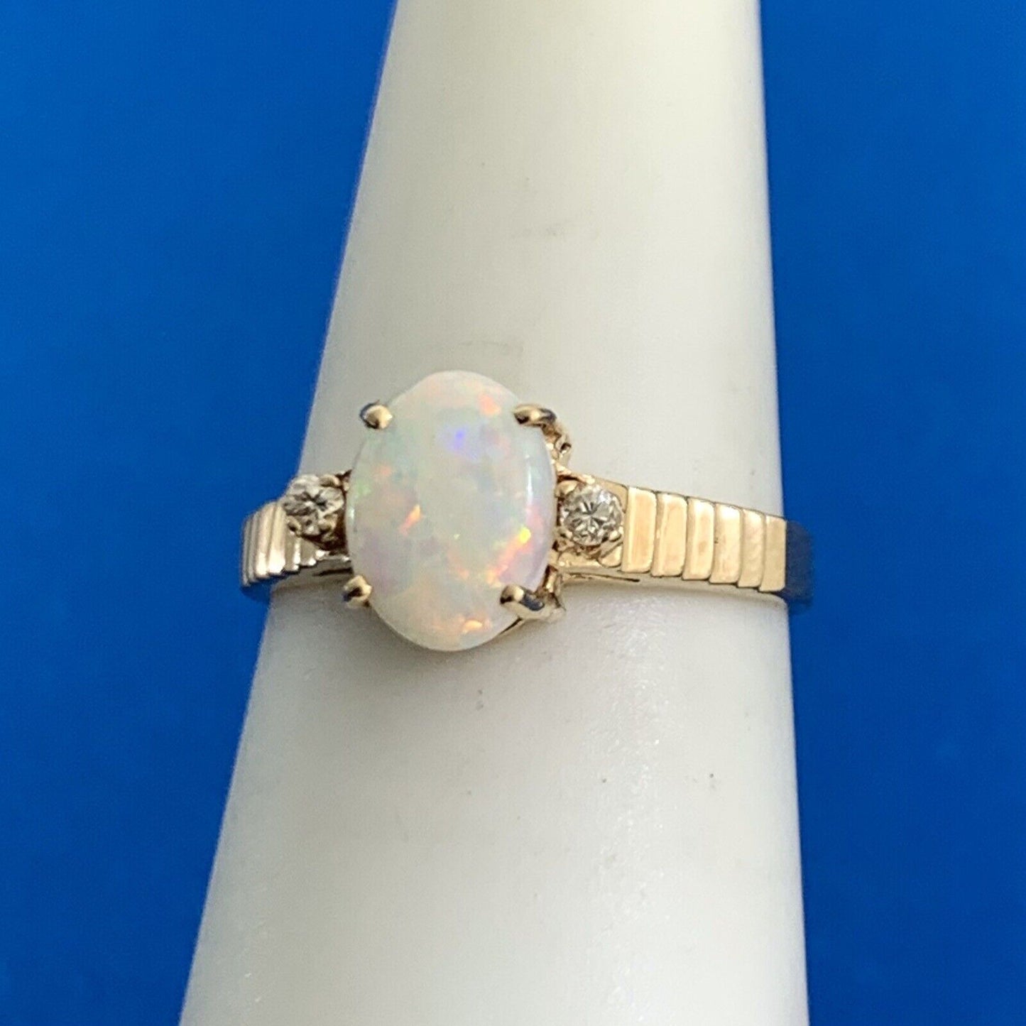 Designer SRB 14K Yellow Gold Oval Opal Diamond Accents Cocktail Ring