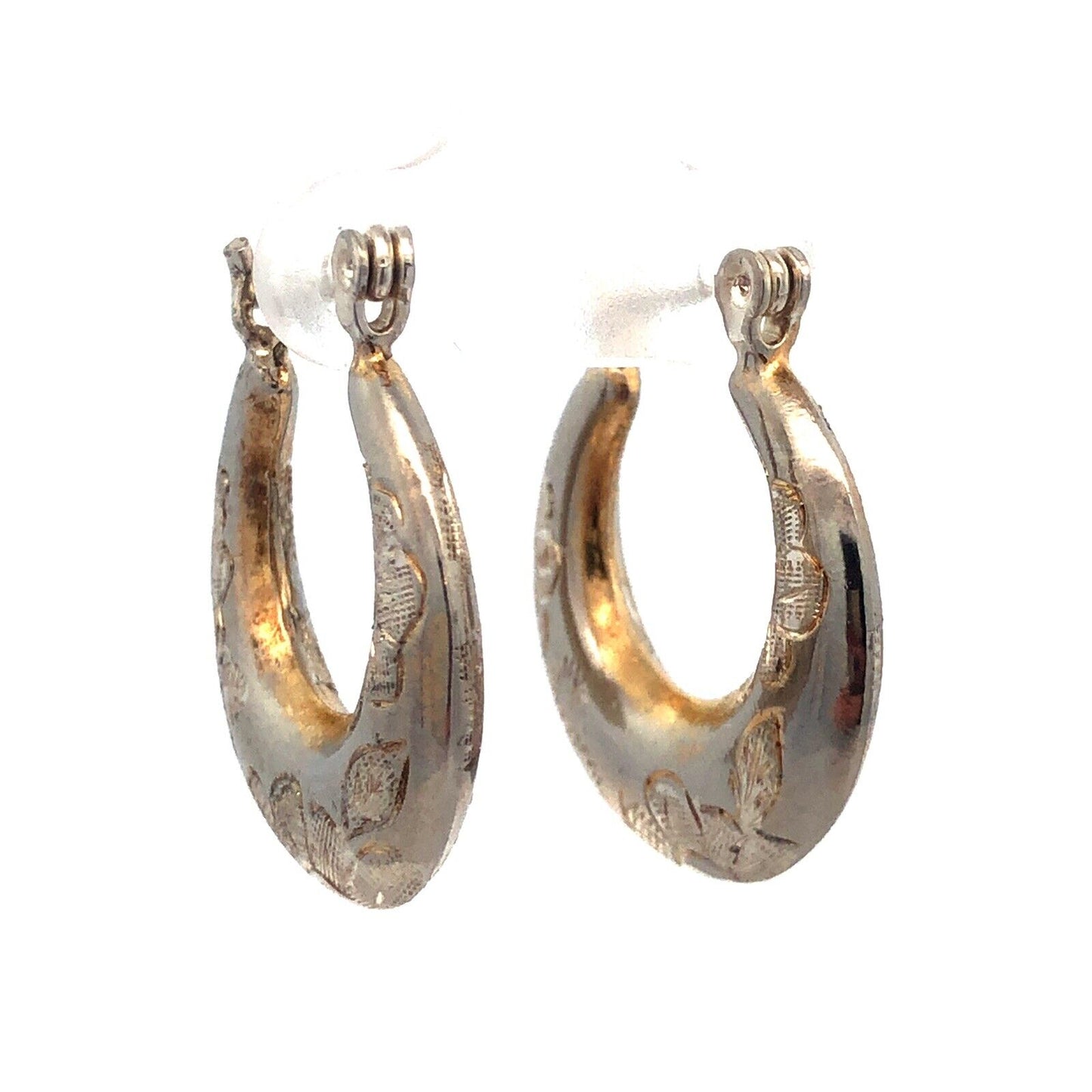 Designer Sterling Silver Floral Etched Polished Florentine Hollow Hoop Earrings