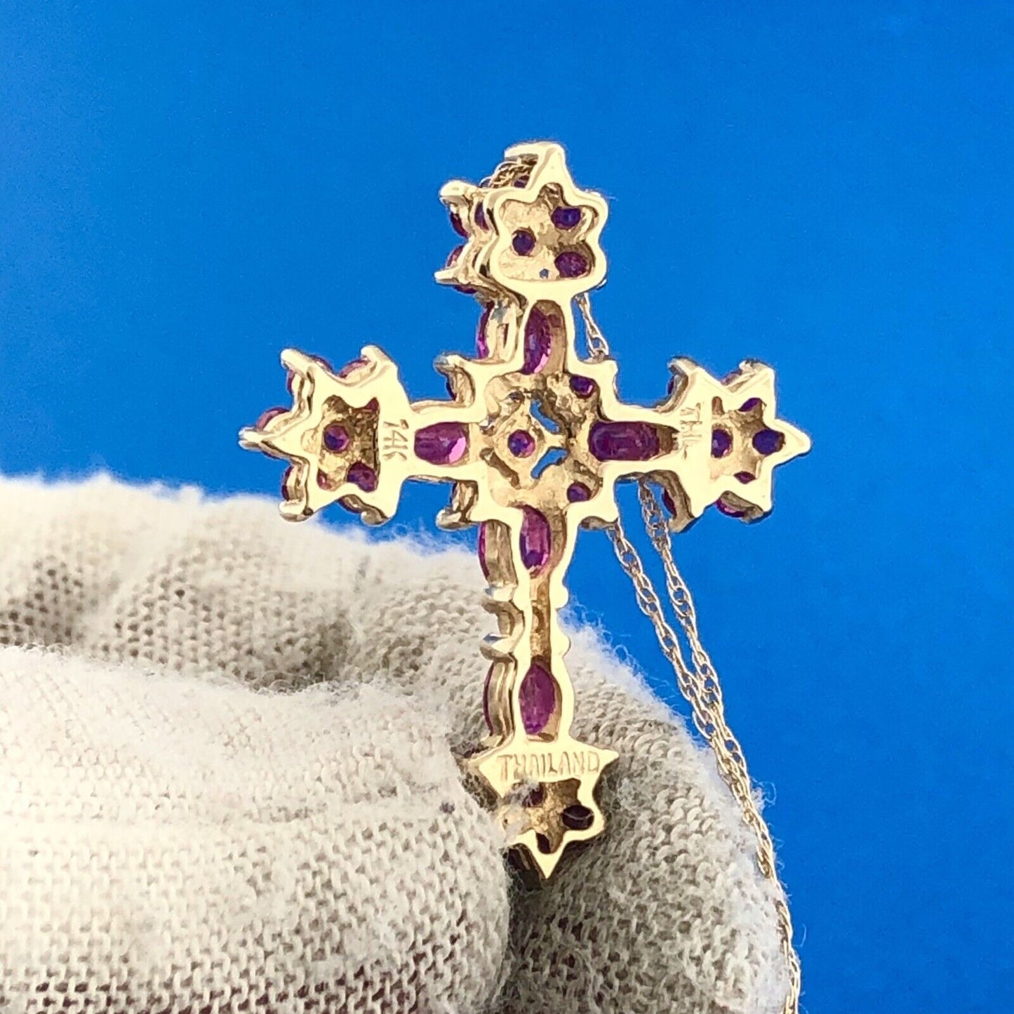 Designer 14k Yellow Gold Round Oval Cut Ruby Religious Cross Communion Necklace