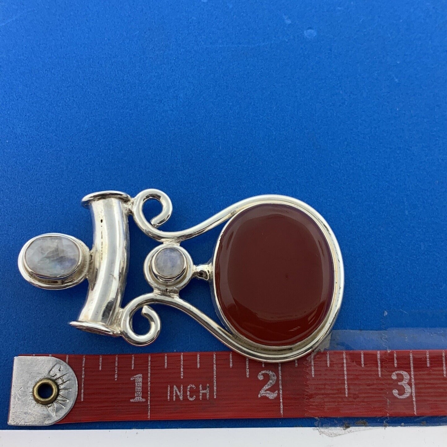 Designer Sterling Silver Carnelian Cabochon Moonstone Accent Statement Pendant