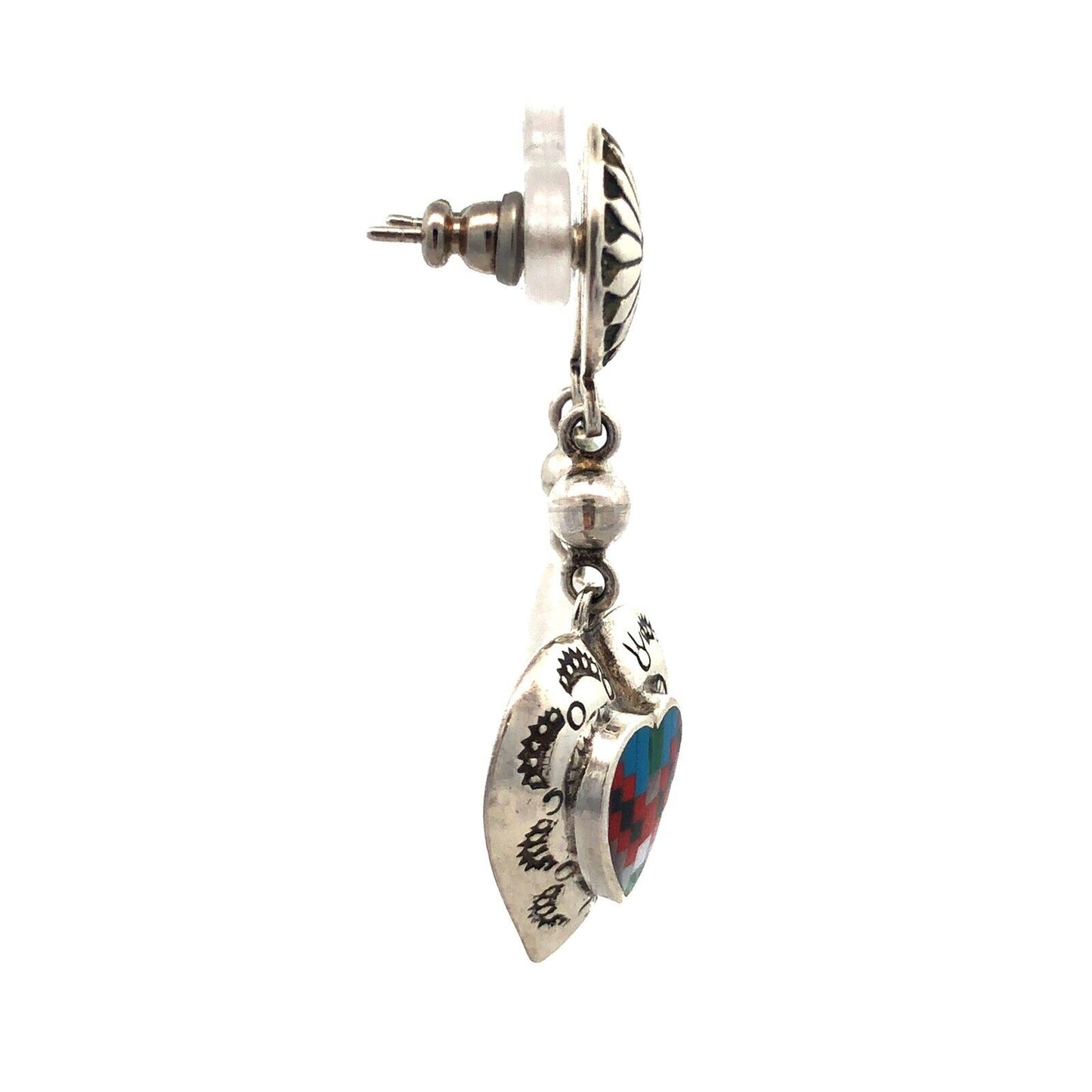 Native American Concho 925 Sterling Silver Multi Gemstone Heart Dangle Earrings