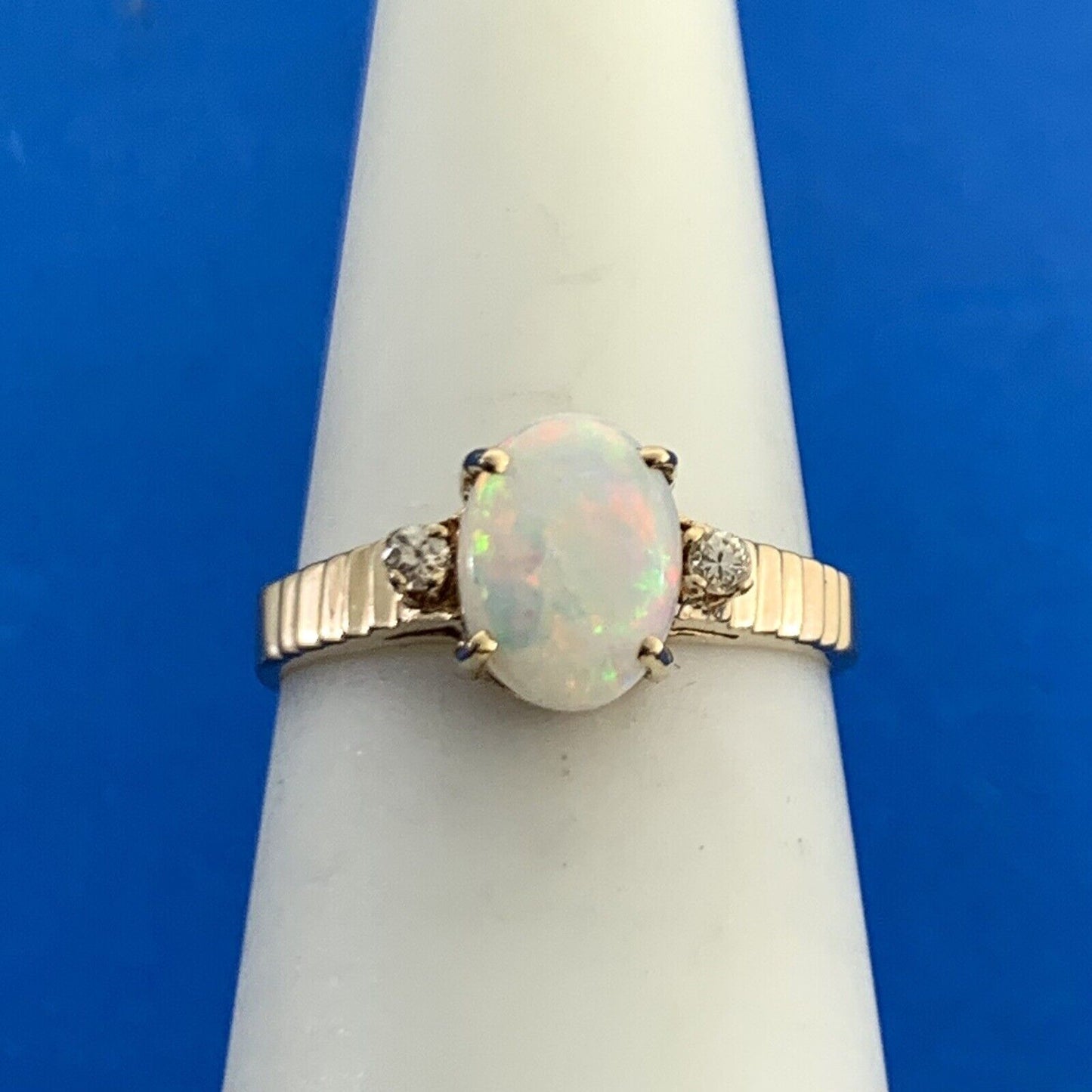 Designer SRB 14K Yellow Gold Oval Opal Diamond Accents Cocktail Ring