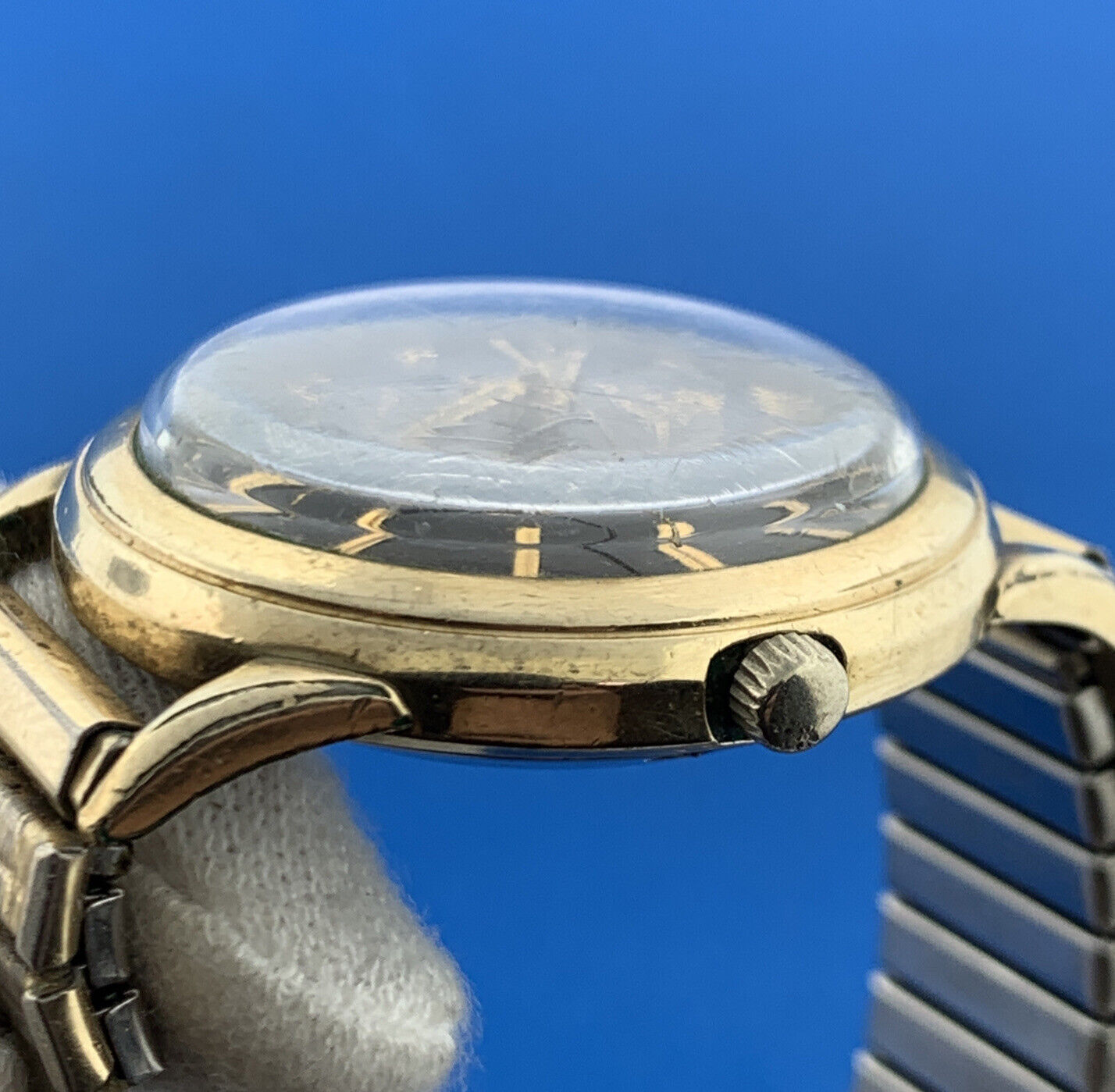 Mid Century Zodiac 10K Gold Filled Autographic Mens Flex Band Wrist Watch Runs