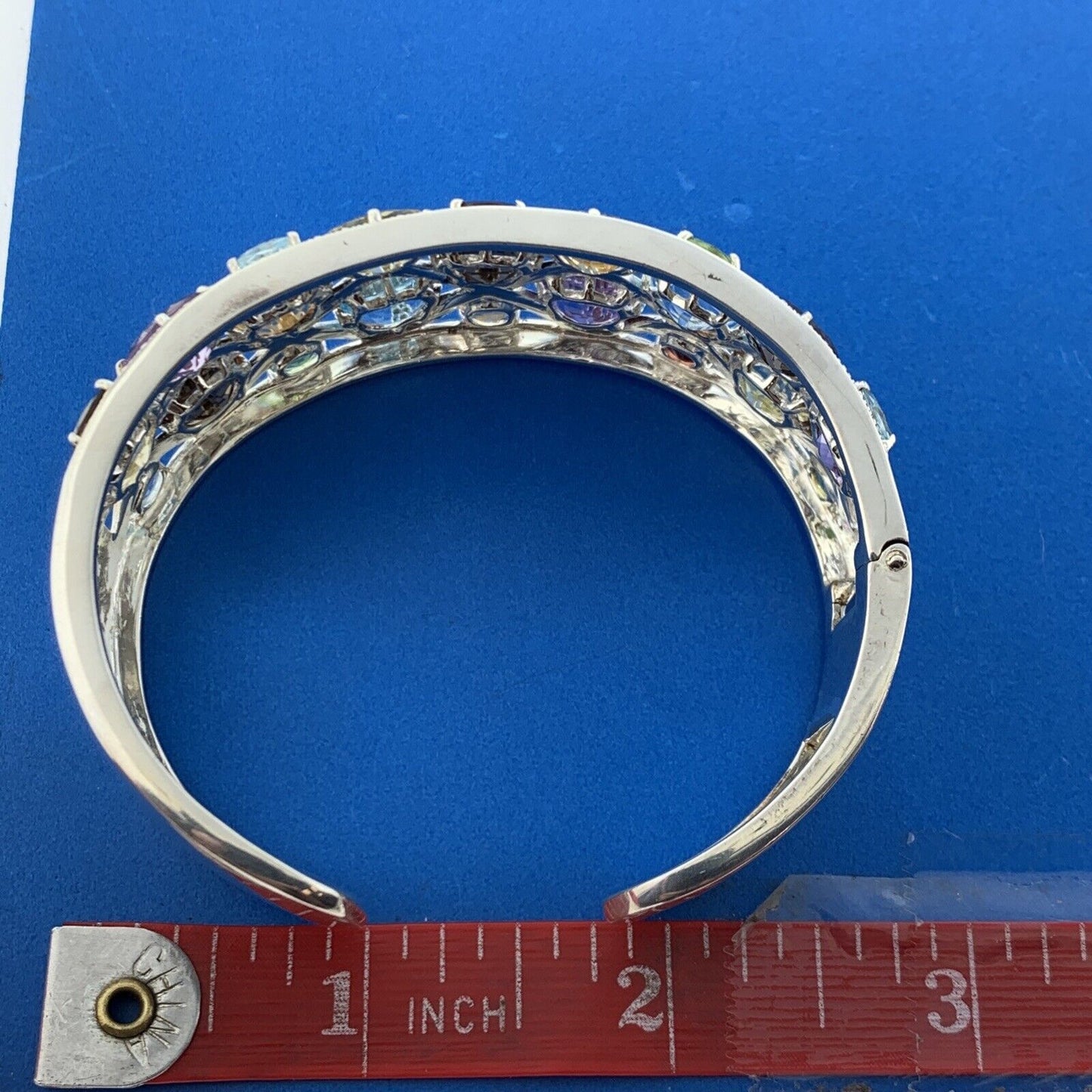 Designer Sterling Silver Multicolor Oval Quartz Statement Hinged Cuff Bracelet