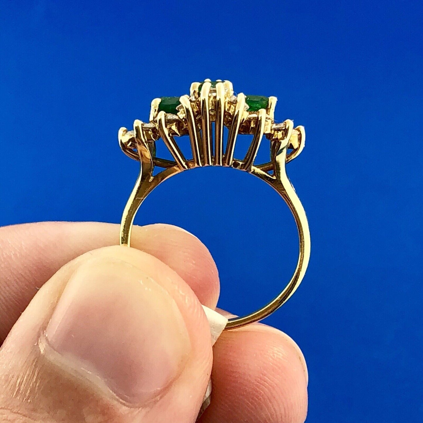Vintage 14k Yellow Gold Three Oval Emerald Ring w/ Round & Baguette Diamonds