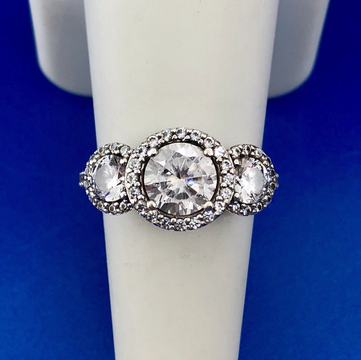 Designer 925 Sterling Silver Cubic Zirconia CZ Trio Halo Engagement Promise Ring
