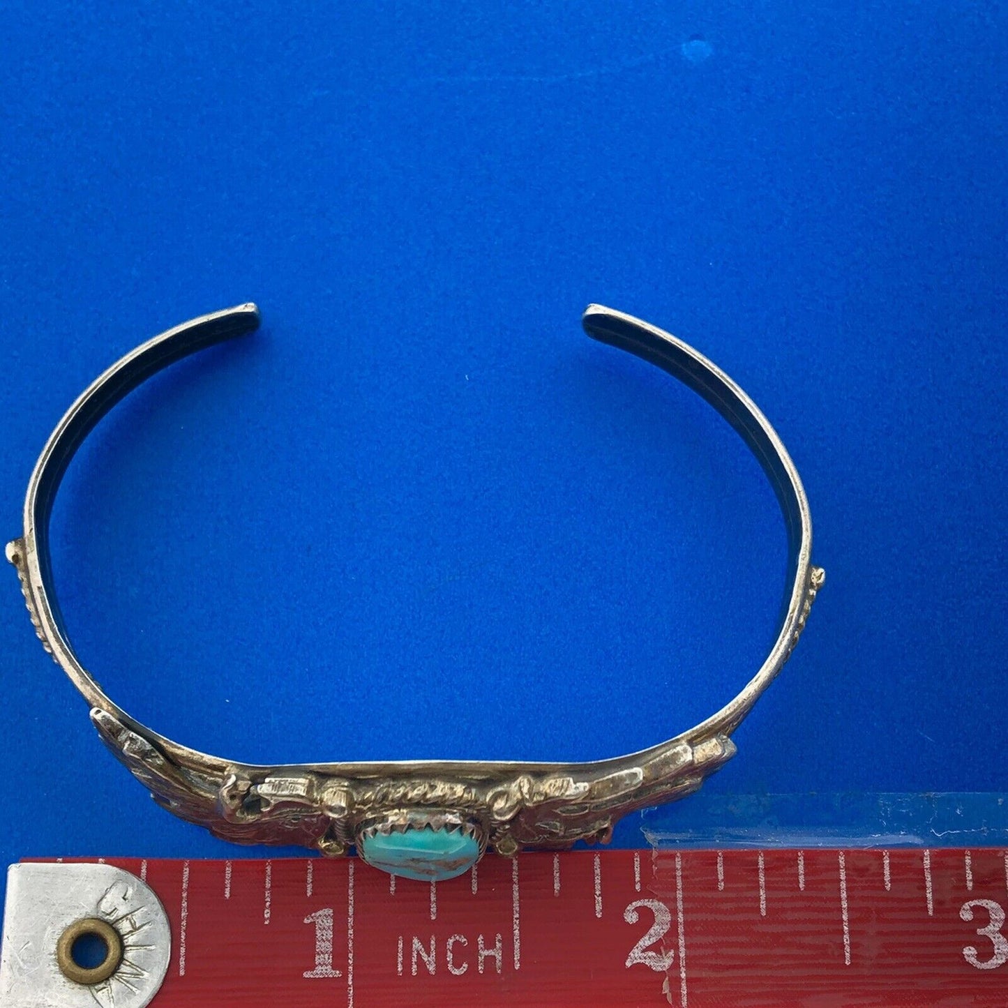 Stunning Sterling Silver Cabochon Turquoise Native American Eagle Cuff Bracelet