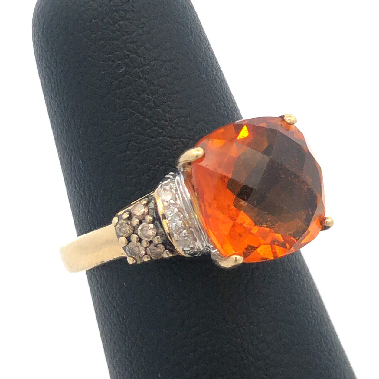 14K Yellow Gold Faceted Cushion Citrine Chocolate White Diamond Cocktail Ring