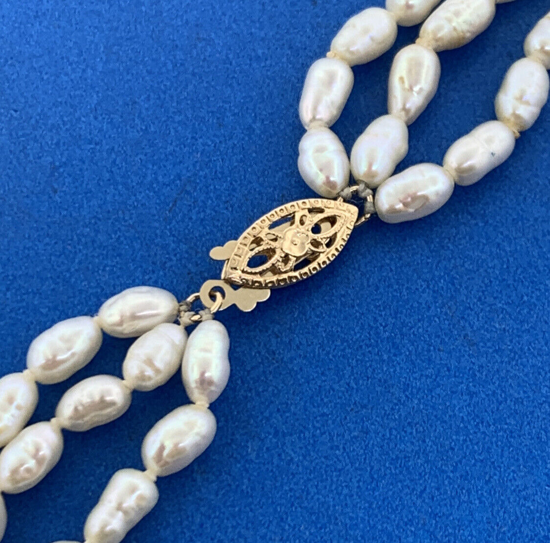 14K Yellow Gold Rice Pearl Gold Ball Beaded Three Strand Necklace