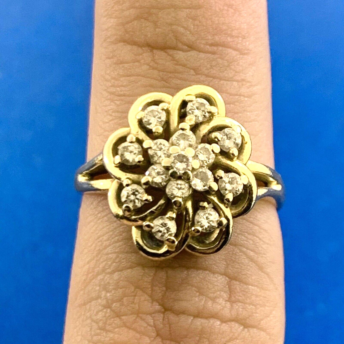 Designer Estate 14K Yellow Gold Diamond Flower Cluster Cocktail Ring