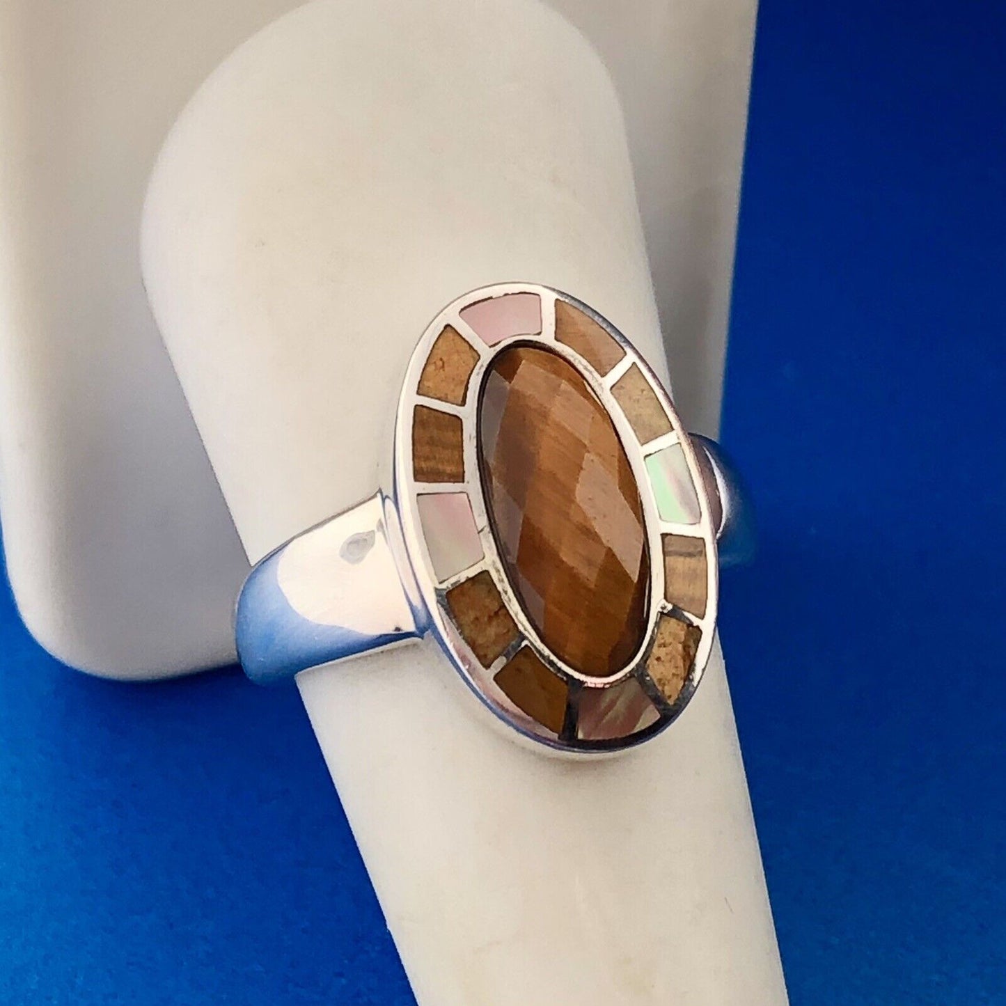 Whitney Kelly WK 925 Sterling Silver Faceted Tiger's Eye Mosaic Inlay Halo Ring