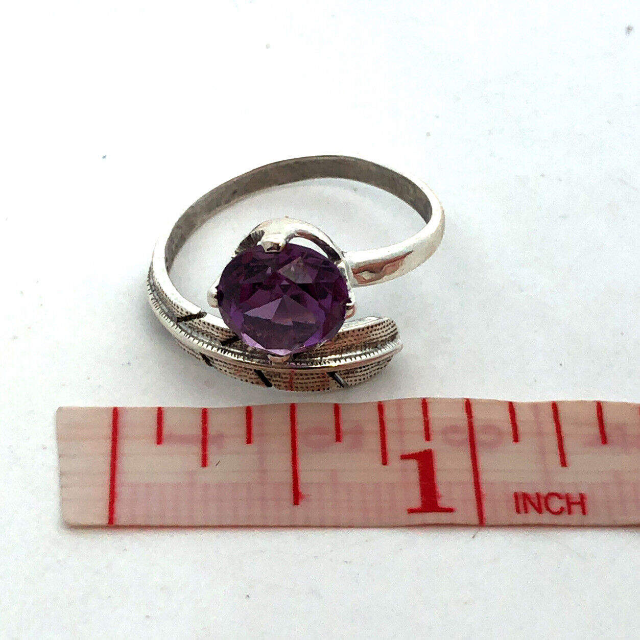 Vintage FS Mexico 925 Sterling Silver Round Purple Sapphire Feather Bypass Ring
