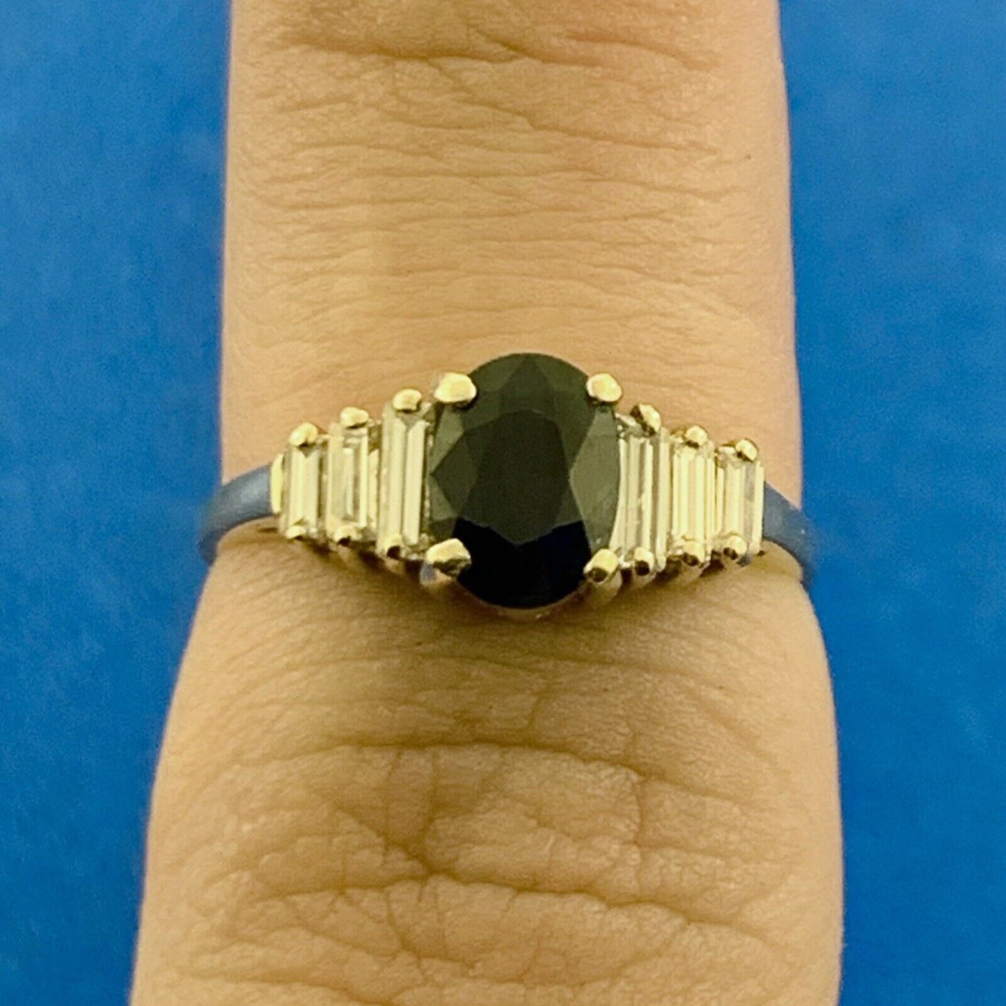Designer 14K Yellow Gold Oval Sapphire Diamond Accent Anniversary Ring