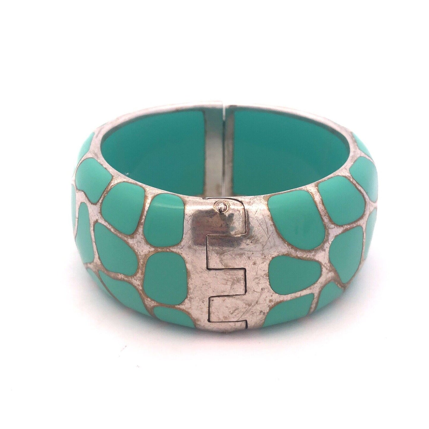 Vintage Angelique De Paris Sterling Silver Turquoise Resin Hinged Cuff Bracelet