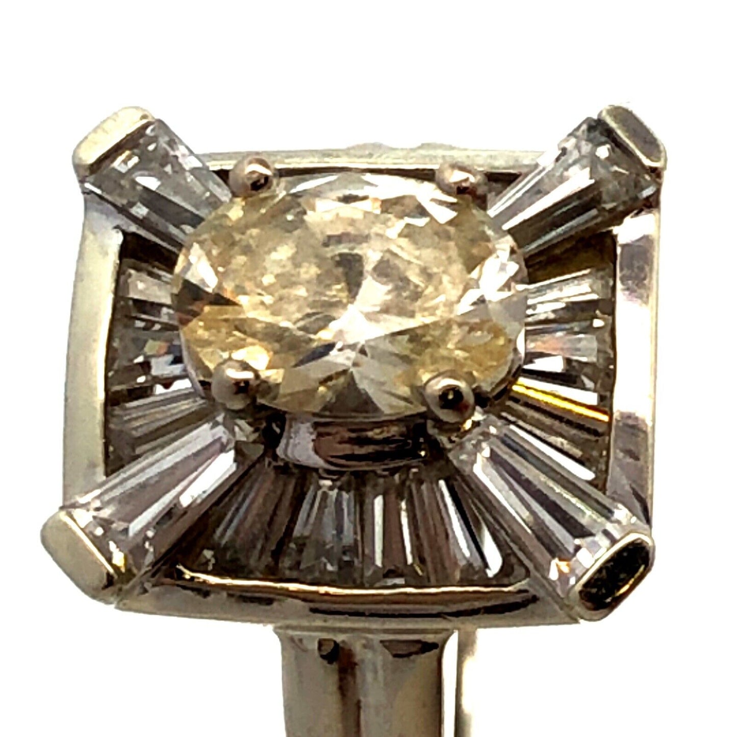 Designer PI 14K White Gold Oval Cubic Zirconia CZ Rectangle Engagement Ring