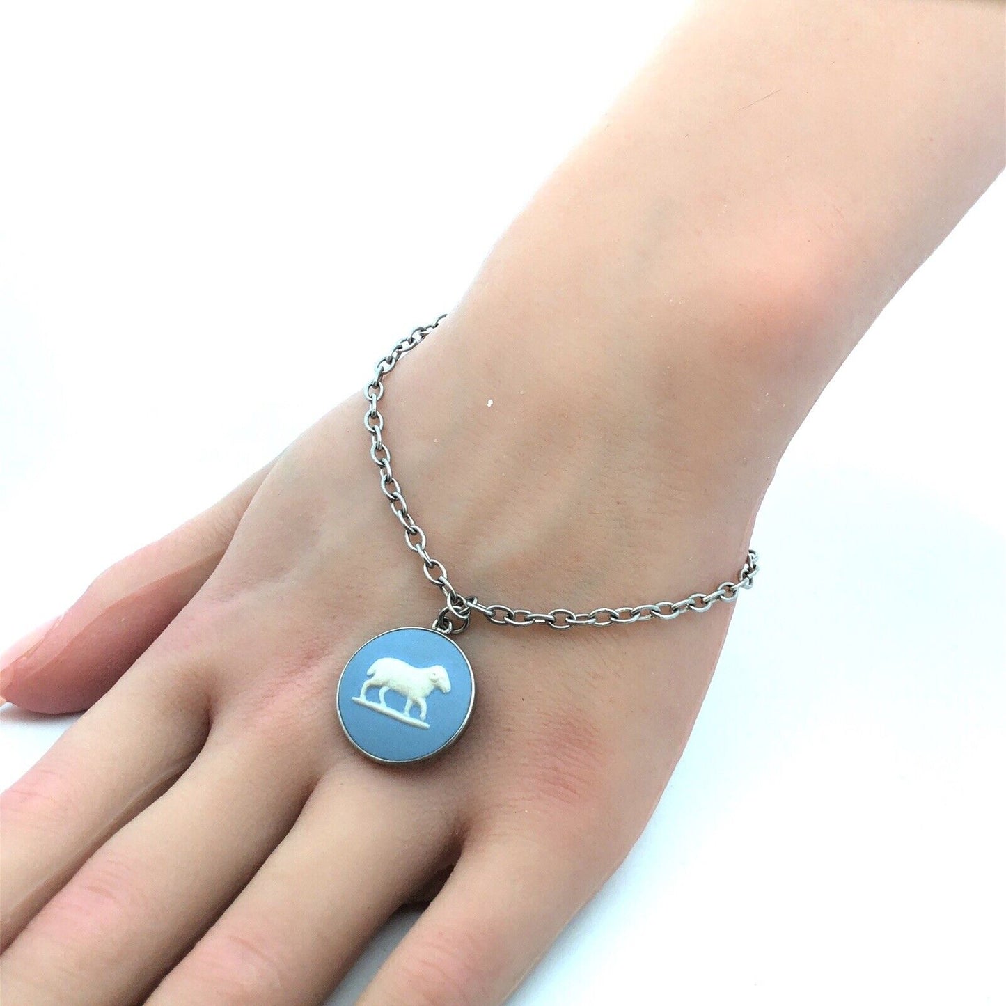 JW Wedgwood England 925 Sterling Silver Blue Sheep Cameo Charm Bracelet