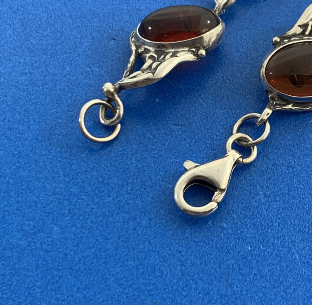 Vintage 925 Sterling Silver Oval Amber Cabochon Station Tennis Bracelet