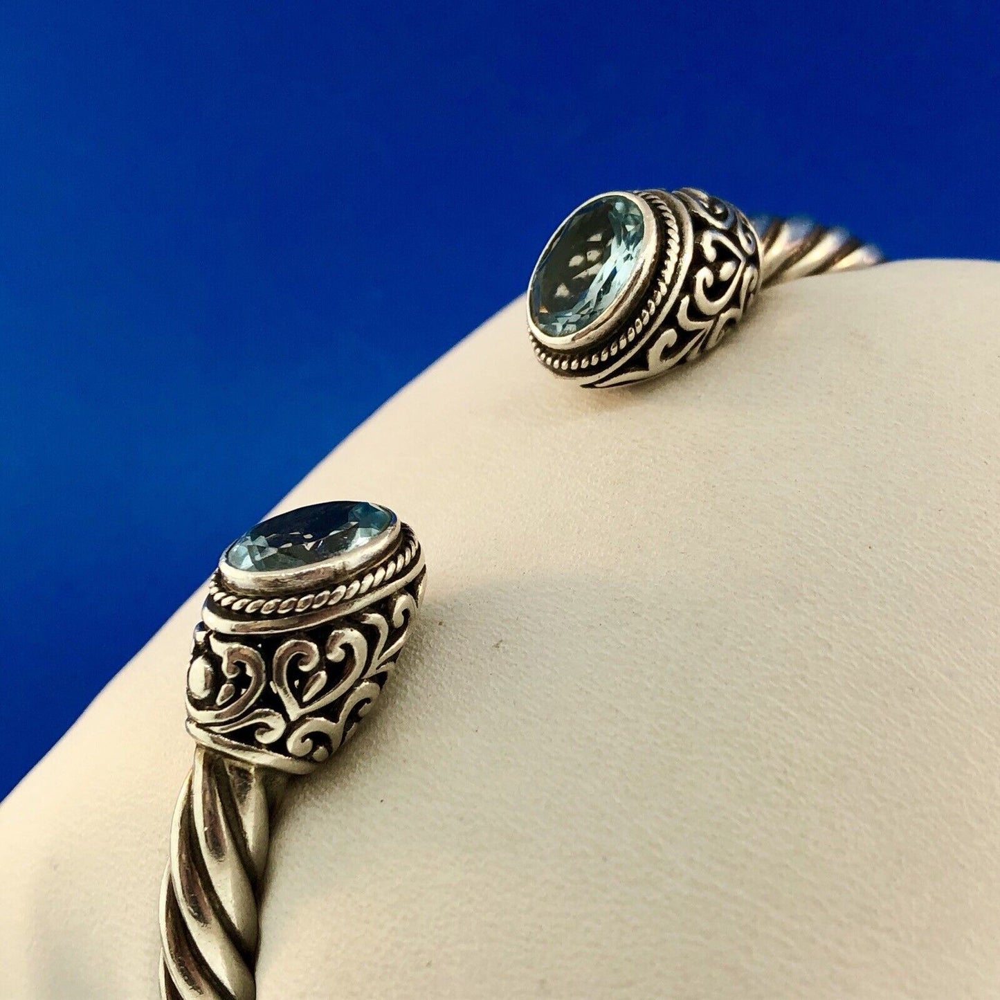 Designer ATI Sterling Silver Blue Topaz Heart Scroll Cable Hinged Cuff Bracelet