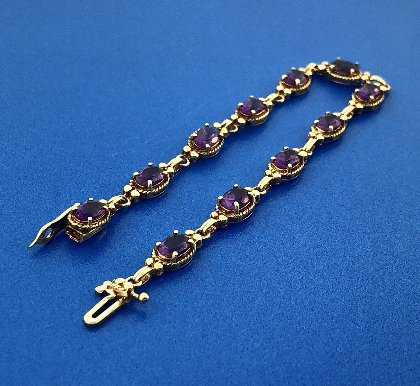 Vintage 10K Yellow Gold Oval Amethyst Panel February Anniversary Tennis Bracelet