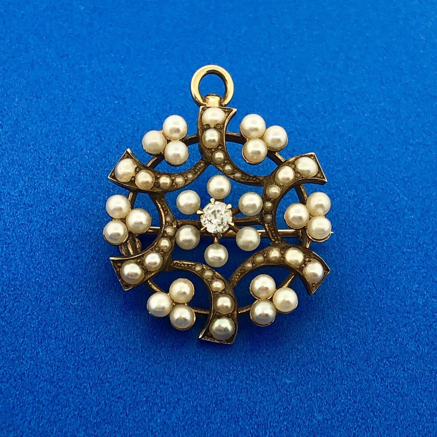 Vintage 14k Yellow Gold Diamond Seed Pearl Spiral Cluster Brooch Pendant