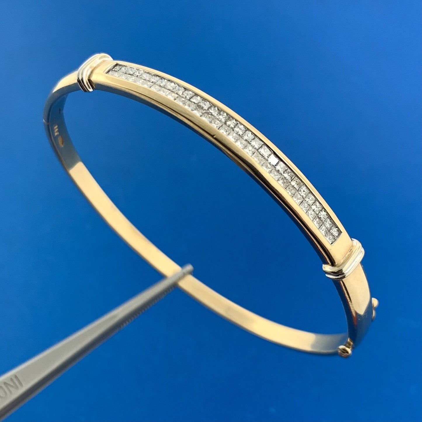 Designer 14K Yellow Gold Princess Channel Set Diamond Hinged Bangle Bracelet