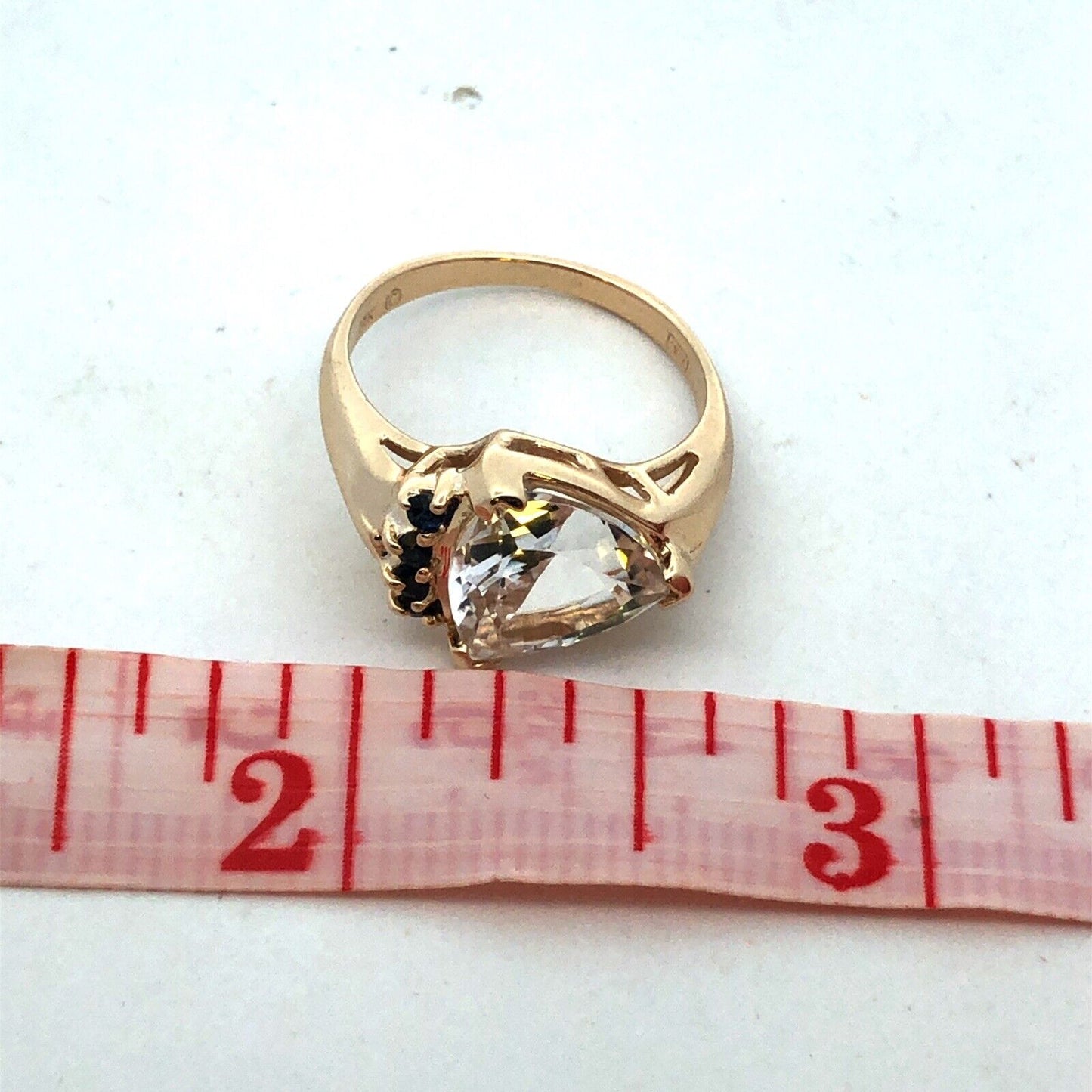 14K Yellow Gold Designer Trillion Cut White Topaz Blue Sapphire Accent Ring