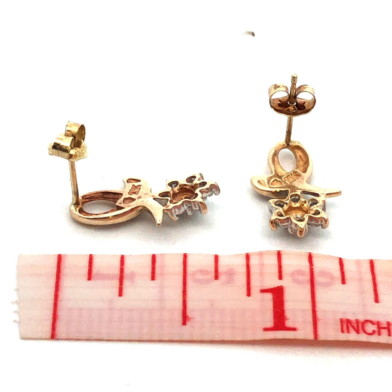 Designer 10K Yellow Gold Round Diamond Flower Drop Stud Earrings