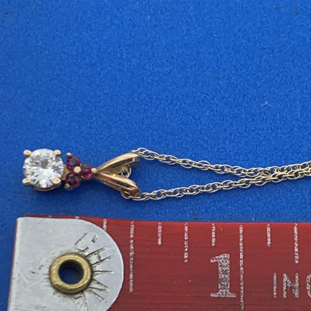 Vintage 14K Yellow Gold Diamond Solitaire Ruby Accented Pendant Necklace