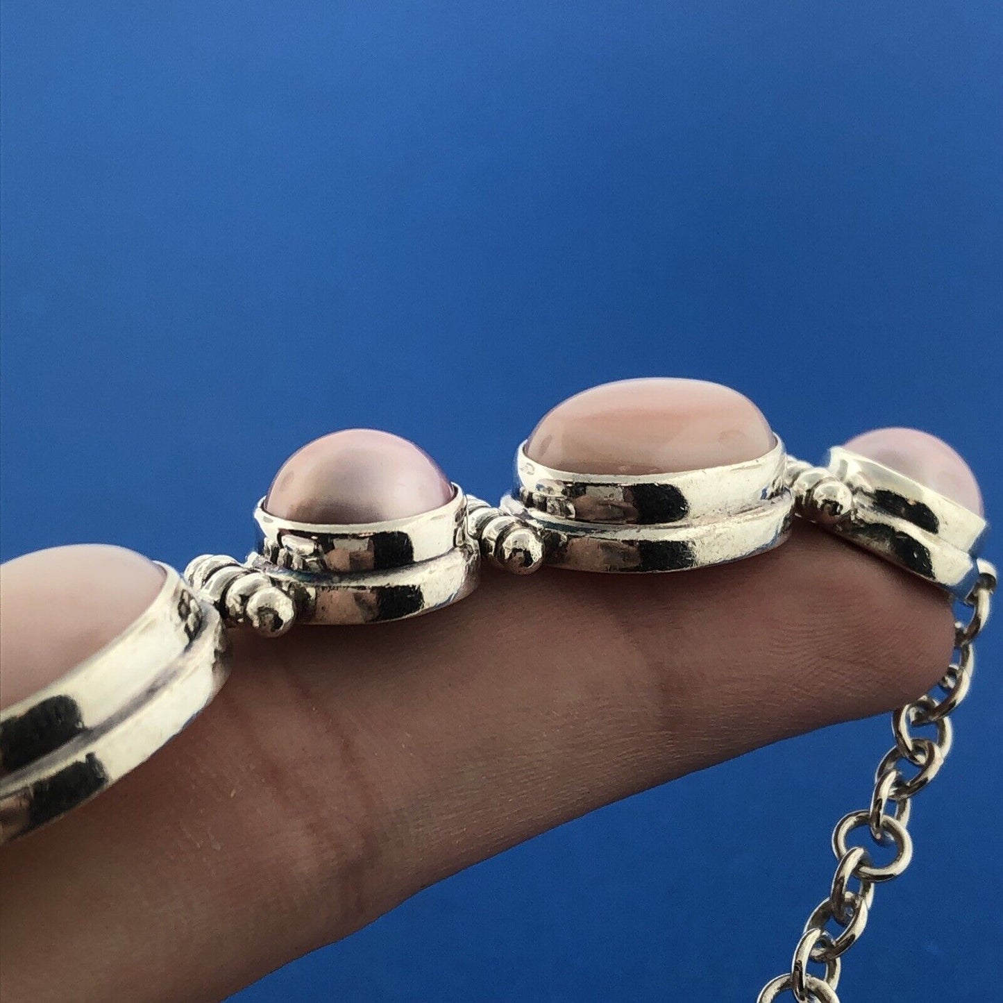 Sterling Silver Rose Quartz Pink Mother Of Pearl Rose Pearl Cabochon Bracelet