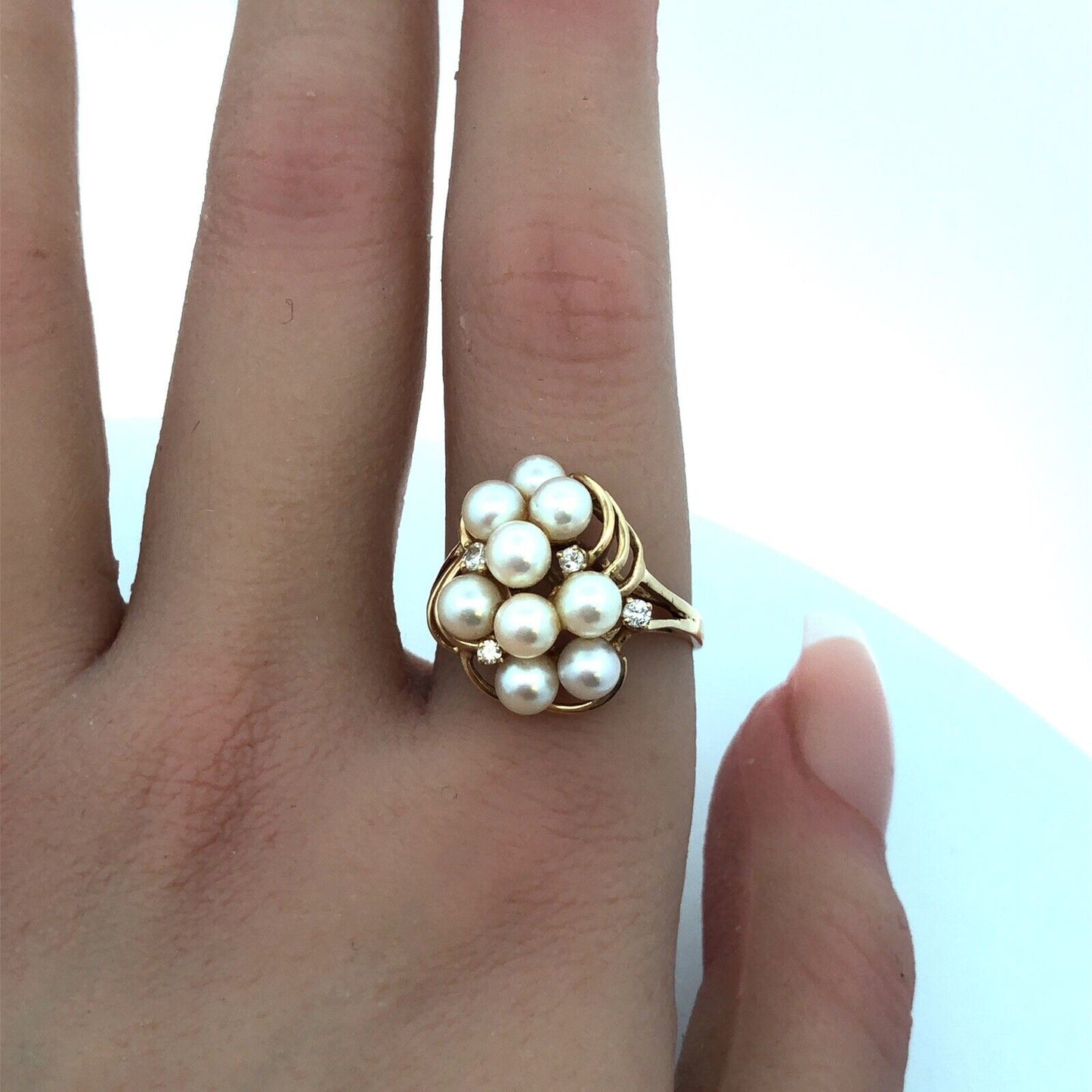 Designer 14K Yellow Gold Pearl Diamond Accented Modernist Cluster Cocktail Ring