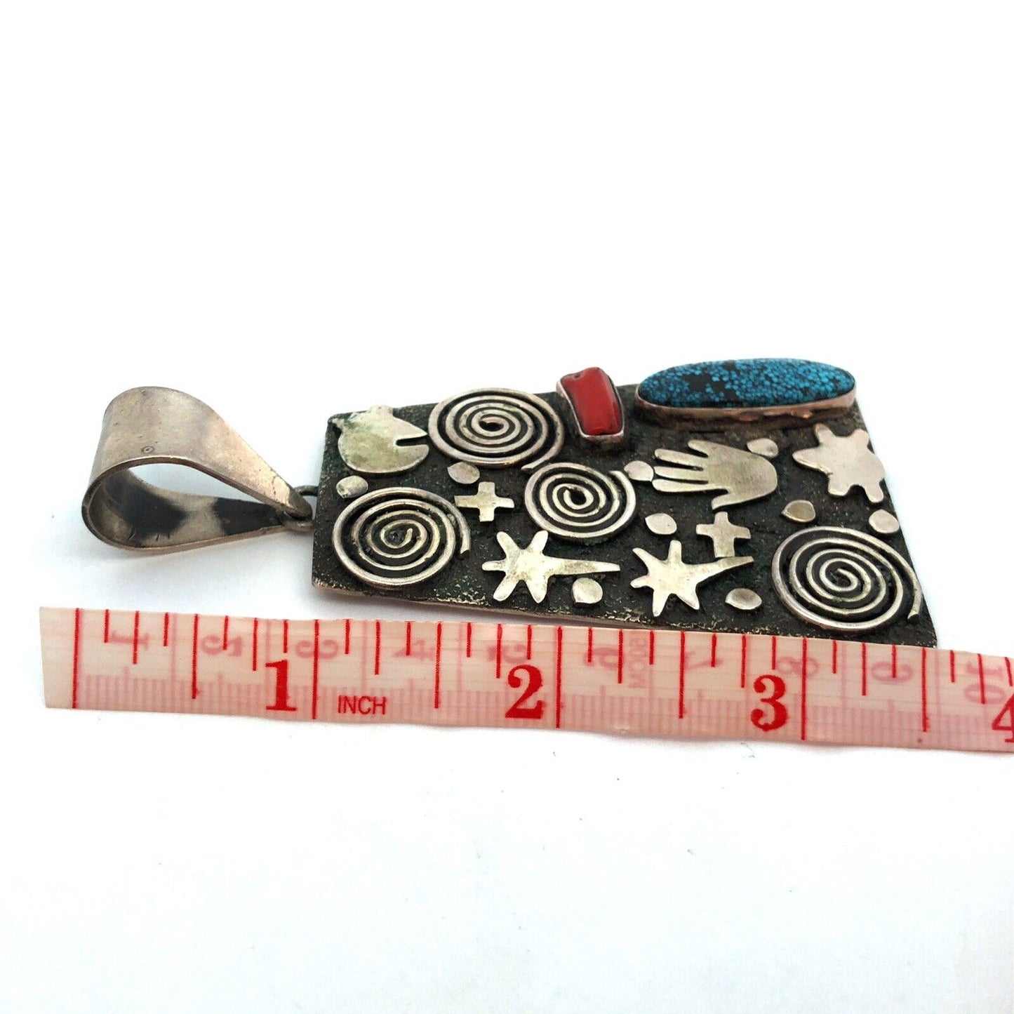 Alex Sanchez Navajo Sterling Silver Turquoise Coral Petroglyph Enhancer Pendant
