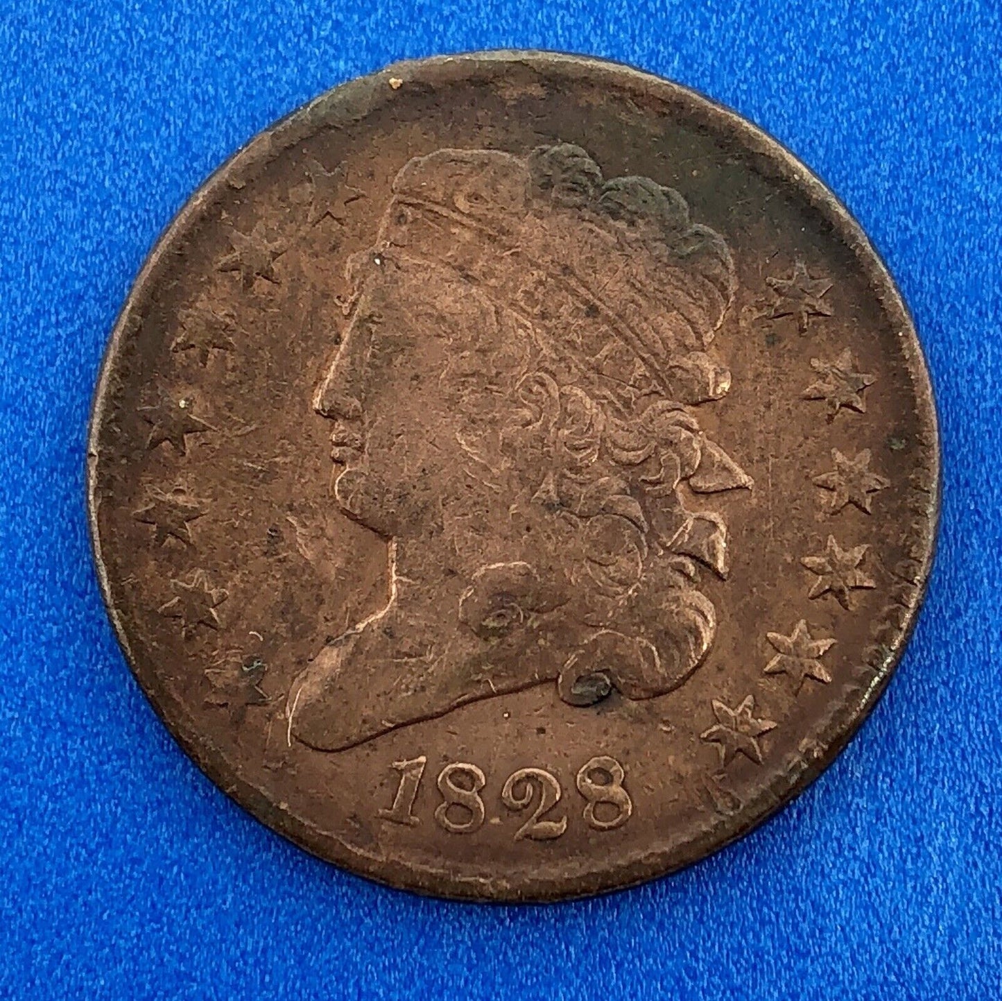 1828 P Classic Head Thirteen Stars Copper Half Cent Early US Copper XF Details