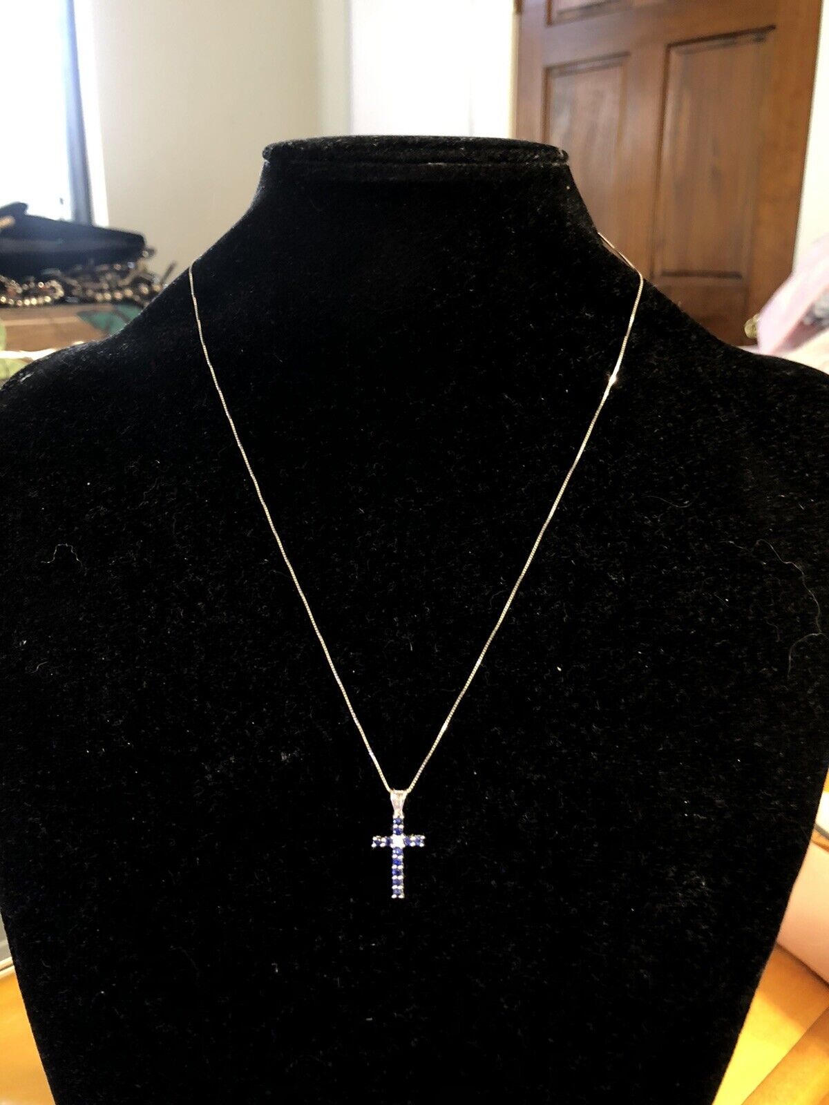 Designer 14K White Gold Blue Sapphire Diamond Pave Cross Pendant Necklace