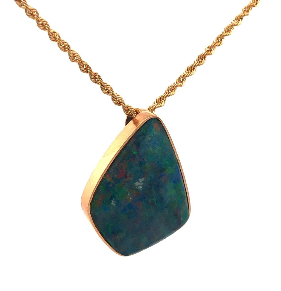 Designer IAJ 14K Yellow Gold Black Blue Opal Cabochon Bezel Pendant Necklace
