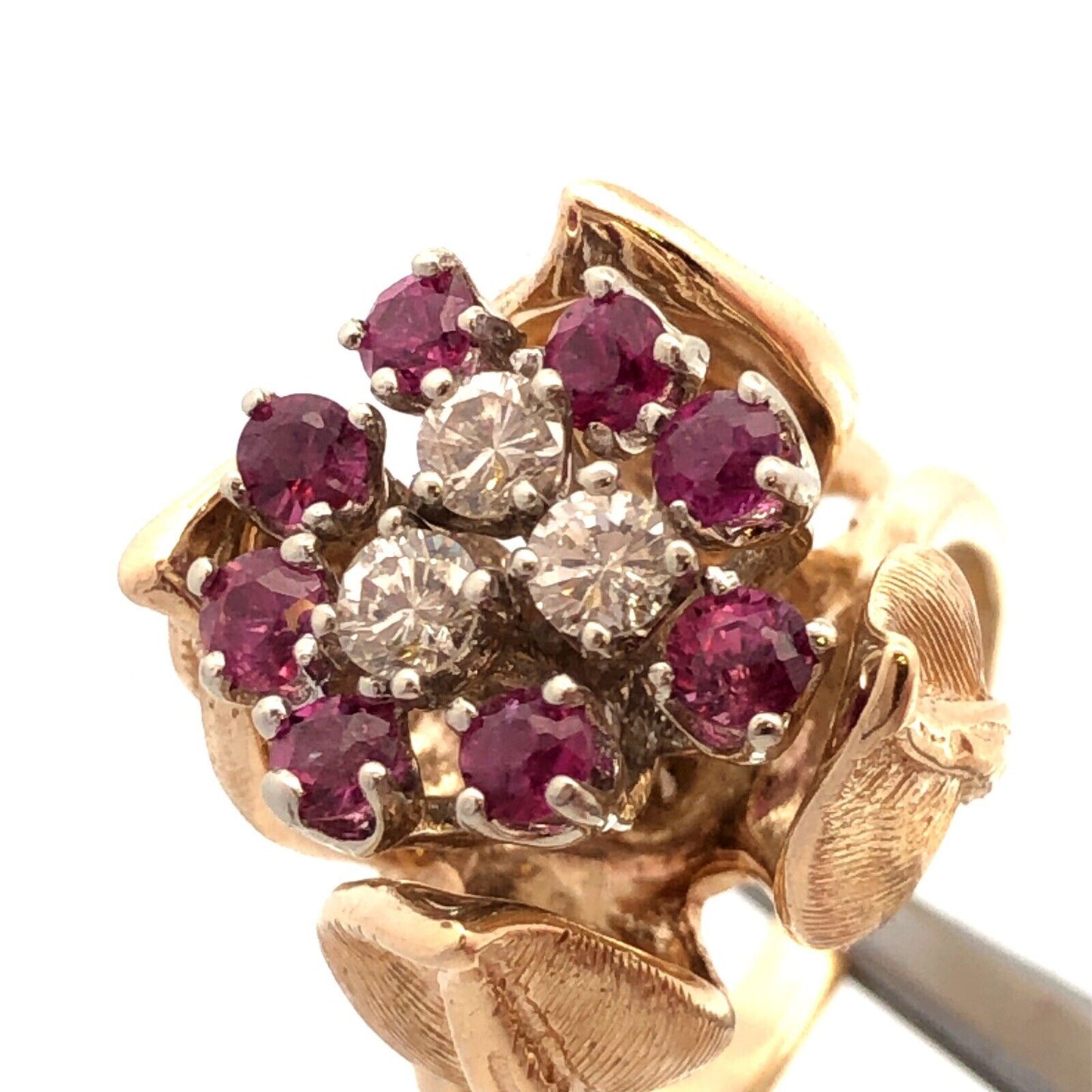 Designer EAG 14K Yellow Gold Round Ruby Diamond Flower Bud Statement Ring