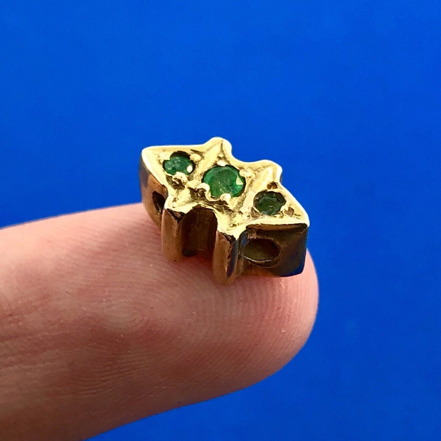 Designer 14K Yellow Gold 585 Emerald Trio Floral Scroll Slide Bracelet Charm