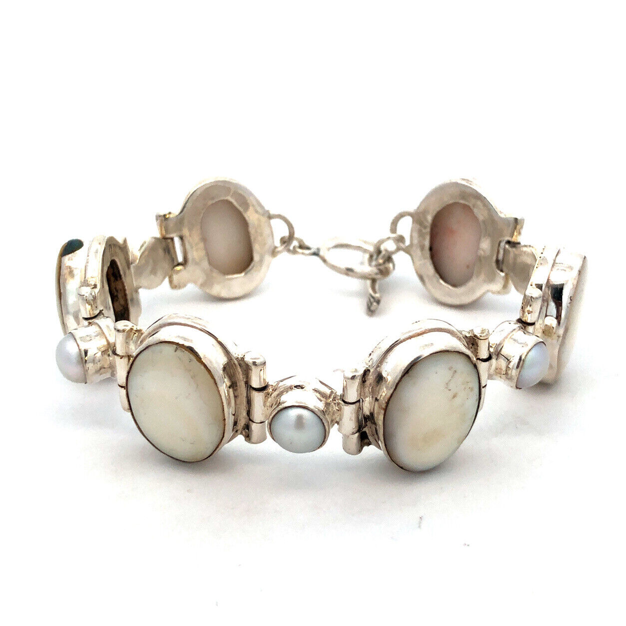 Vintage 925 Sterling Silver Oval Mother of Pearl Pearl Toggle Tennis Bracelet
