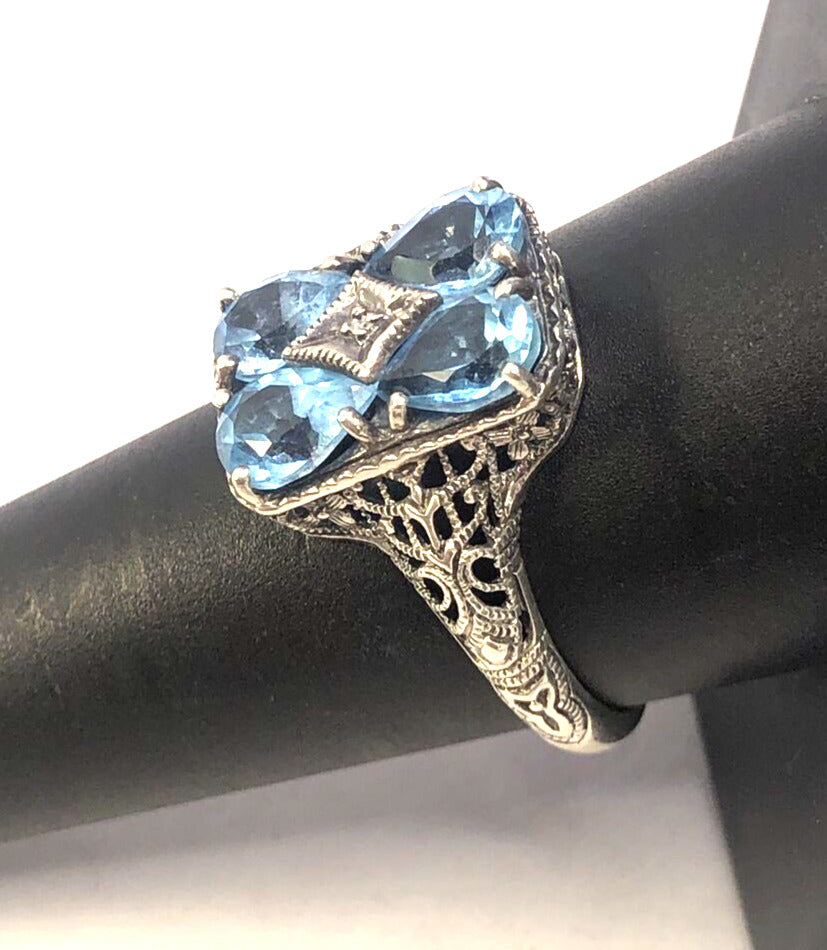 Designer CNA 925 Sterling Silver Blue Topaz and Diamond Accent Rectangle Ring