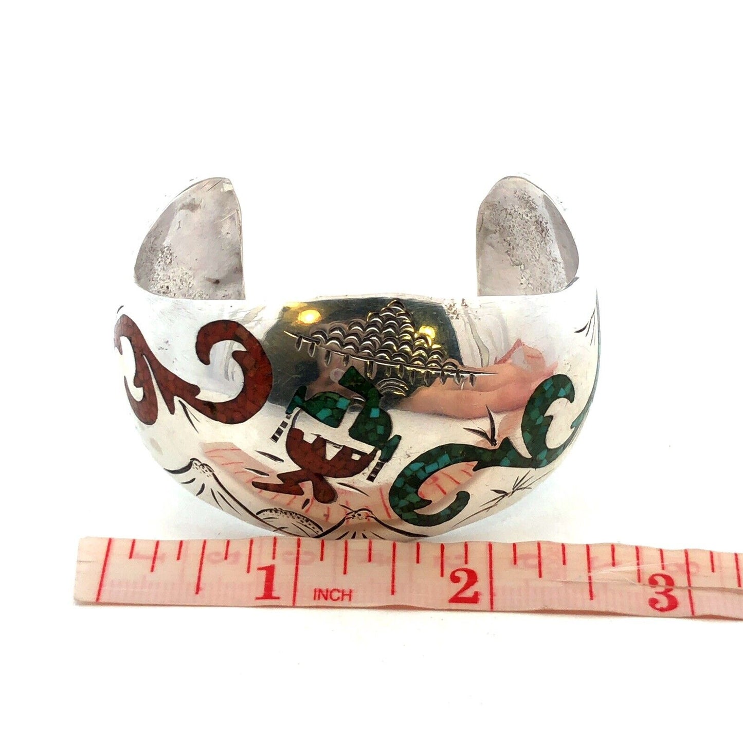 Native American BT 925 Sterling Silver Turquoise Coral Storyteller Cuff Bracelet