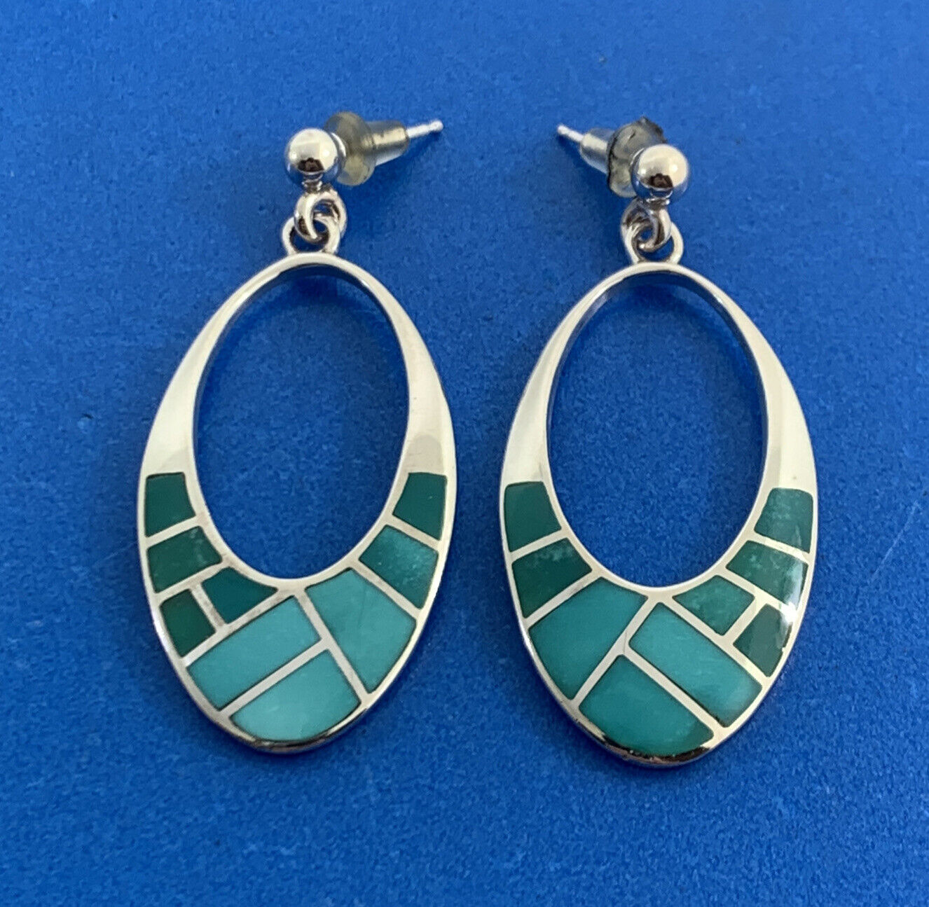 Tomo Turquoise Inlay Cutout Modern Oval 925 Sterling Silver Dangle Studs