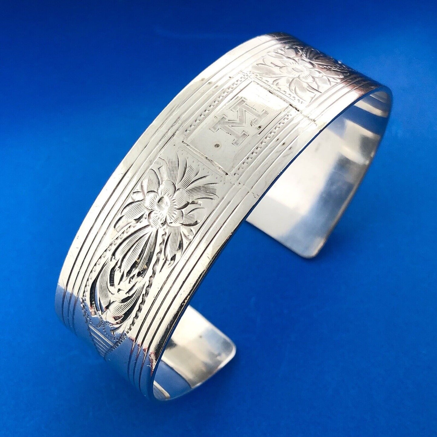 Victorian Edwardian 925 Sterling Silver Etched Floral Monogram M Cuff Bracelet