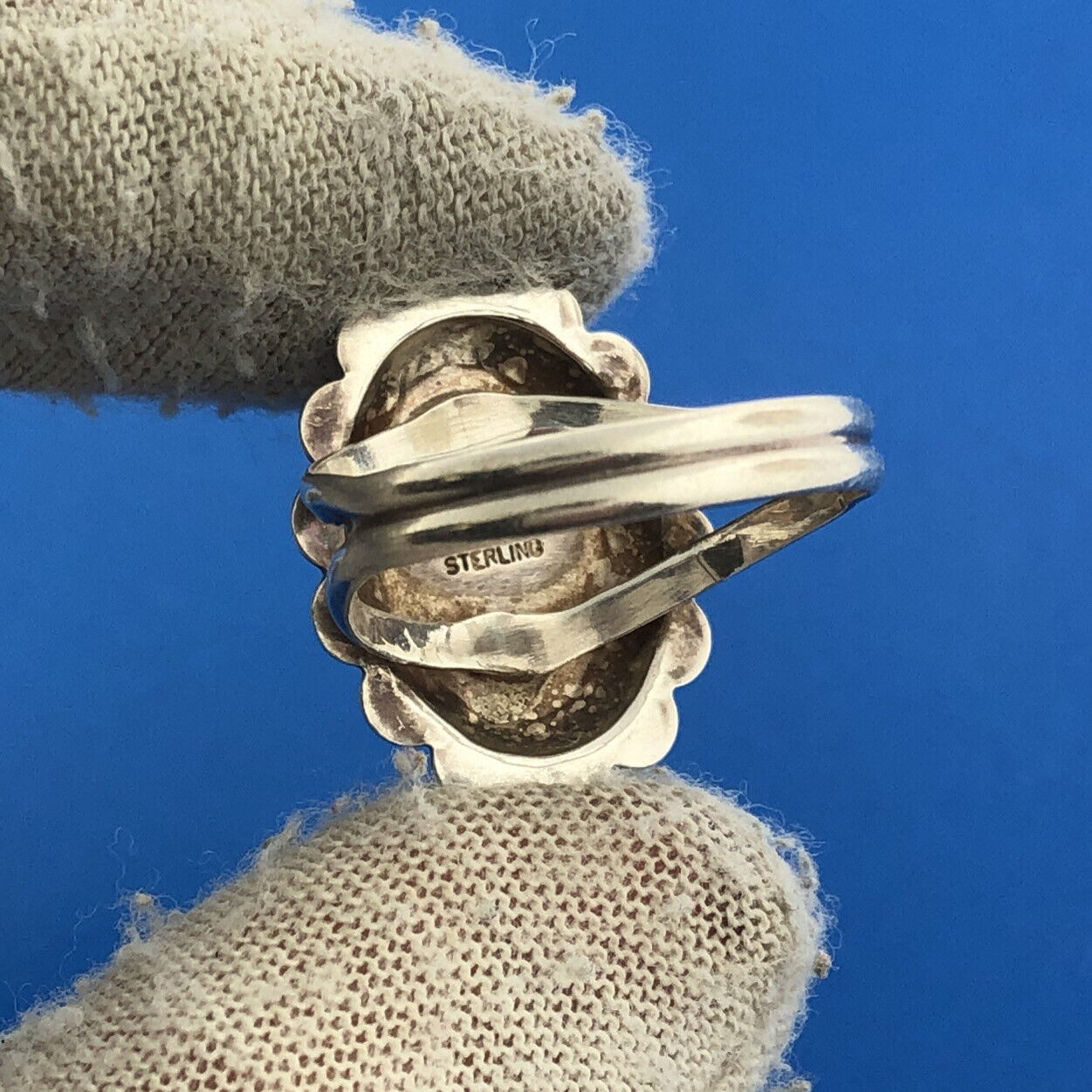 Native American Signed R.B. 925 Sterling Silver Mixed Gemstone Inlay Concho Ring