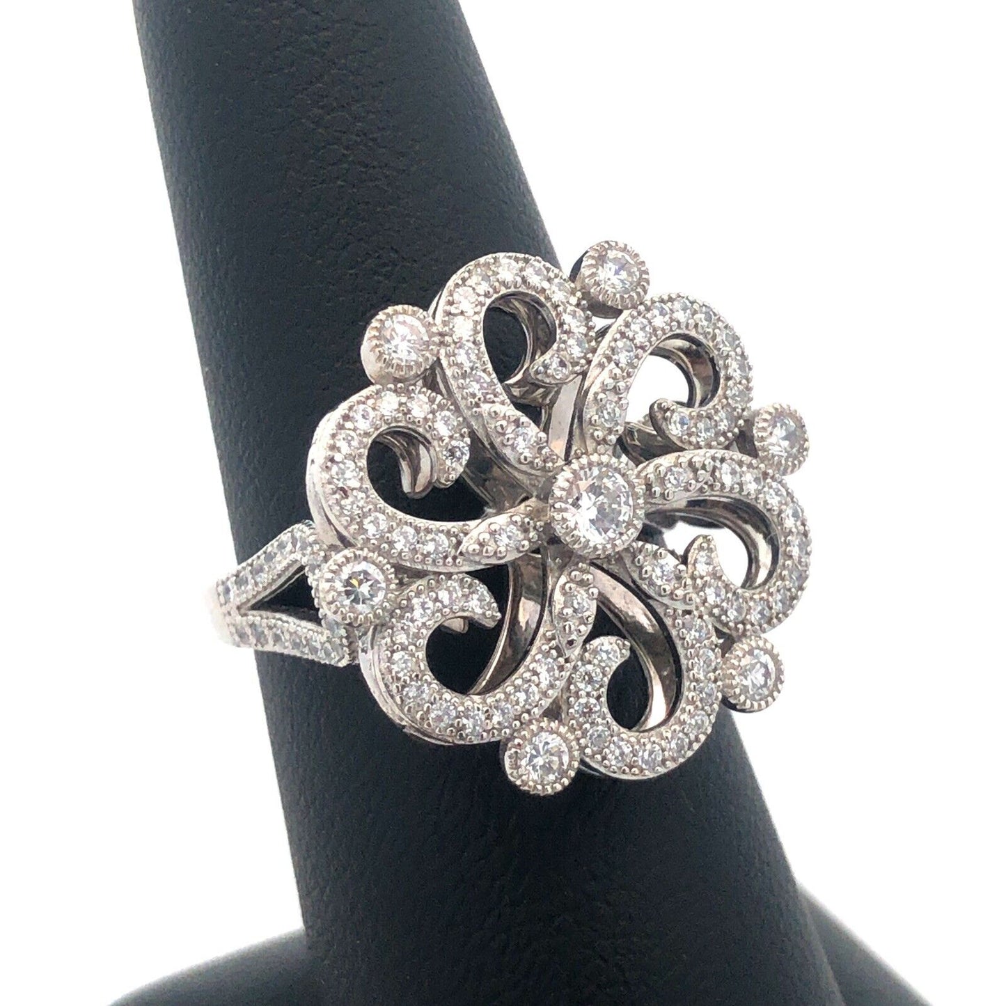925 Sterling Silver Round Cubic Zirconia CZ Flower Swirl Cocktail Ring