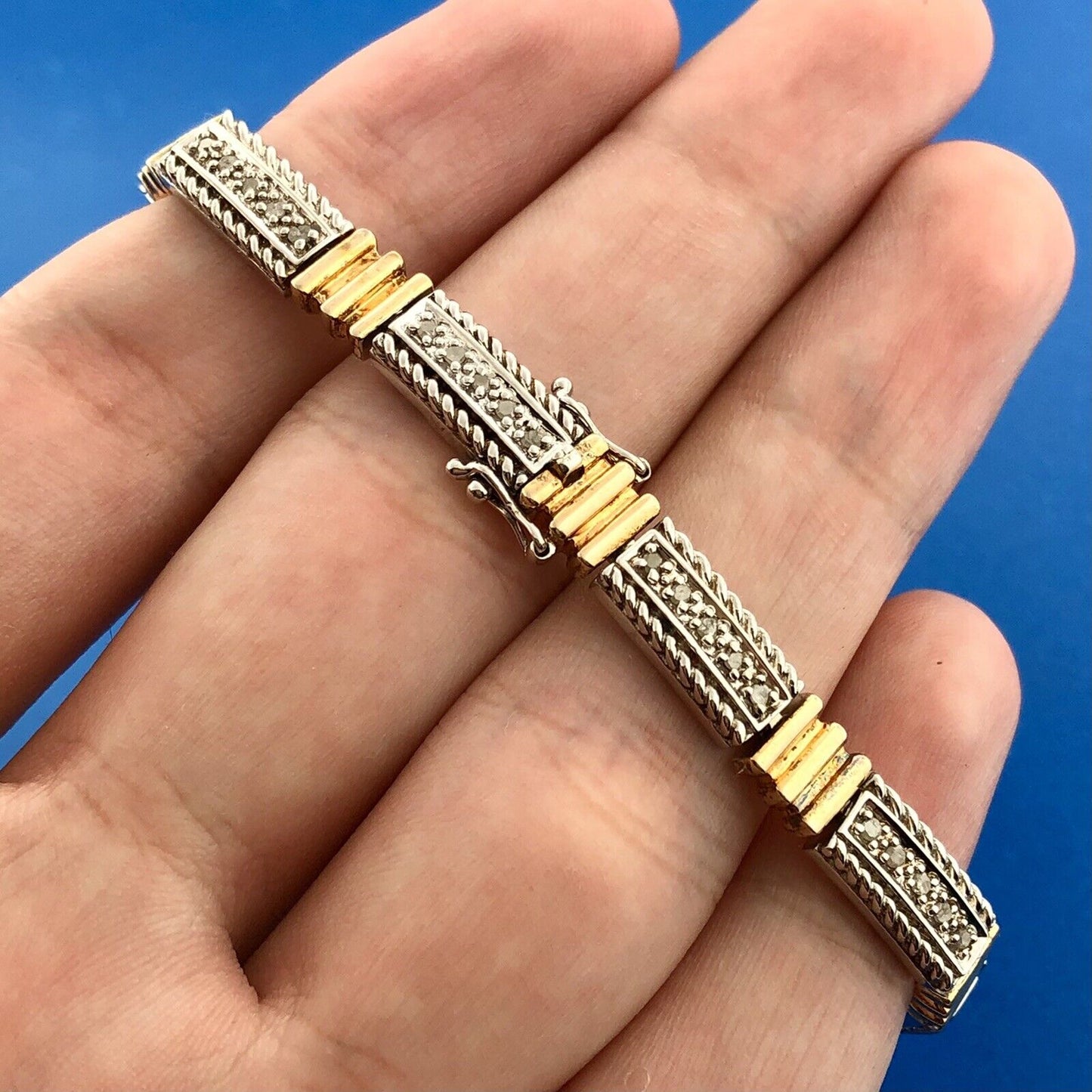 Estate CI 925 Sterling Silver Vermeil Two Tone Diamond Bar Panel Tennis Bracelet